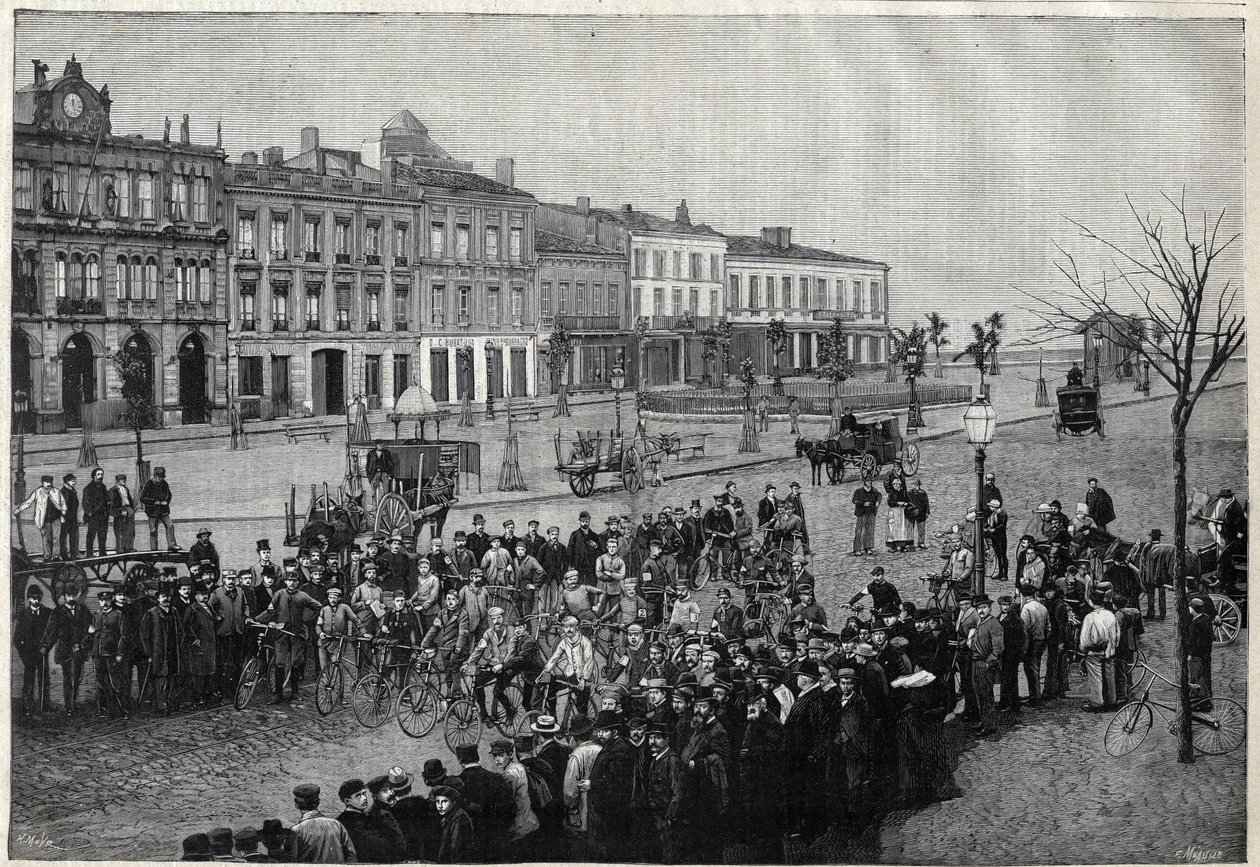 Avgang fra Bordeaux-Paris (Bordeaux Paris) sykkelritt i 1891 - gravering av Meaulle fra 1891 av Fortune Louis Meaulle