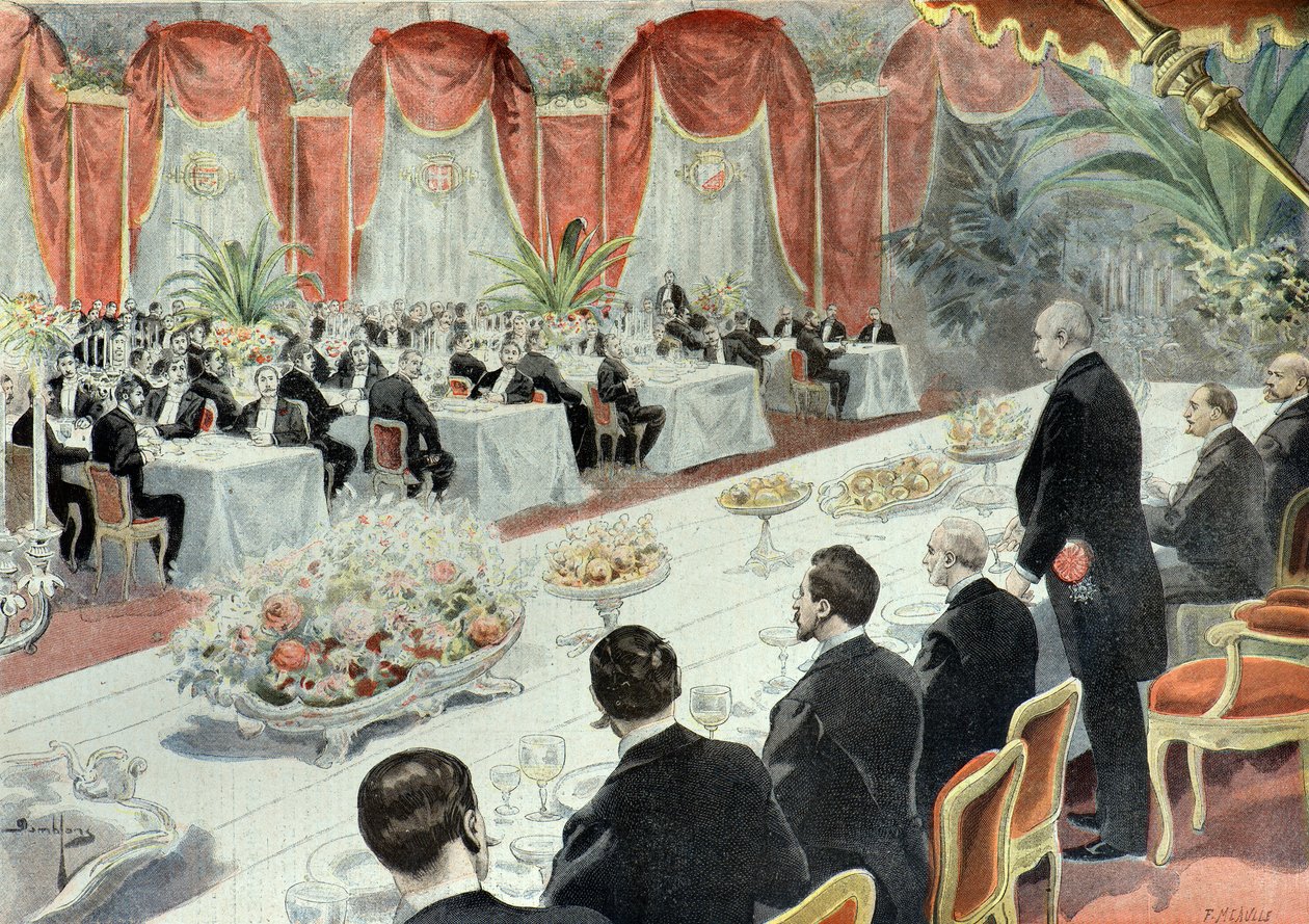 Middag tilbudt Felix Faure av representanter for handel og industri i 1897 (gravering) av Fortune Louis Meaulle