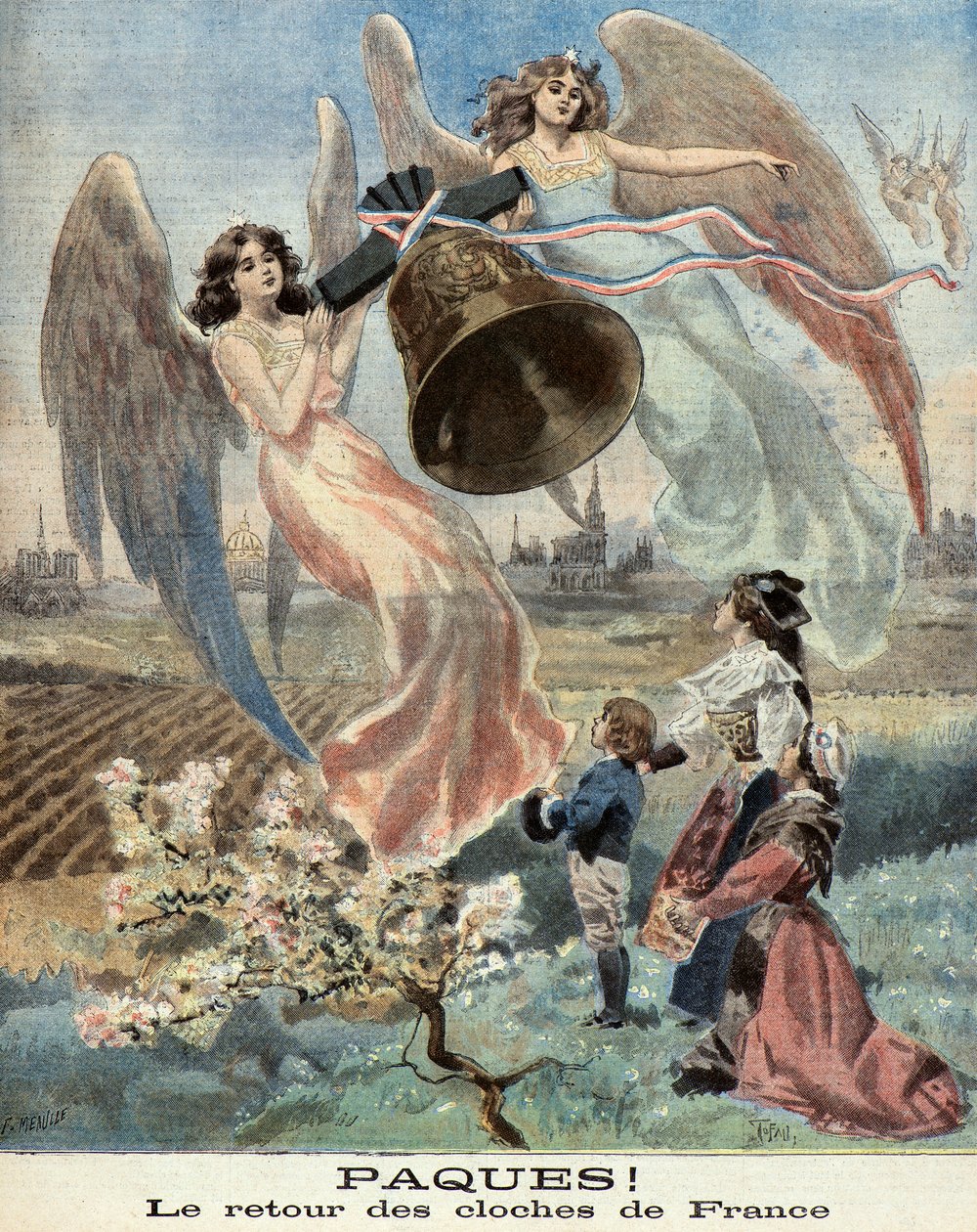 Påske, klokkenes tilbakekomst, allegori om Alsaces gjenforening med Frankrike i 1899 (gravering) av Fortune Louis Meaulle