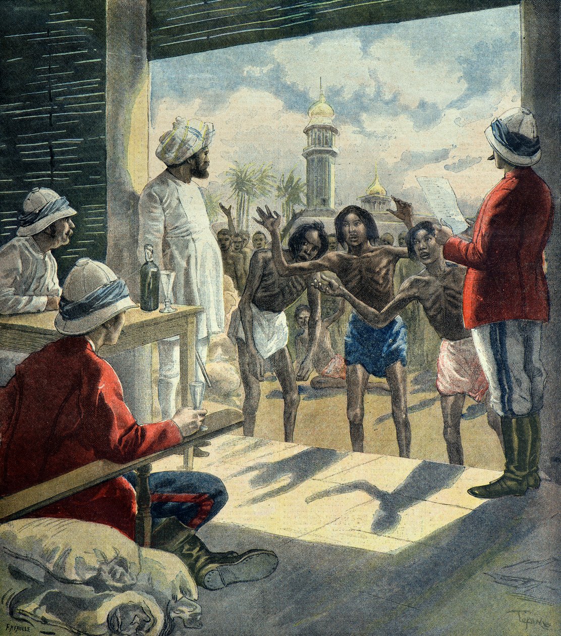 Hinduer kommer til engelskmennene for å få hjelp under den store hungersnøden i 1896–1897 (gravering) av Fortune Louis Meaulle