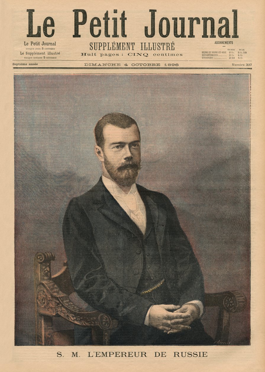 Hans Majestet Keiser Nicholas II av Russland, forsideillustrasjon av 'Le Petit Journal', bilagsillustre, 4. oktober 1896 (farge litho) av Fortune Louis Meaulle