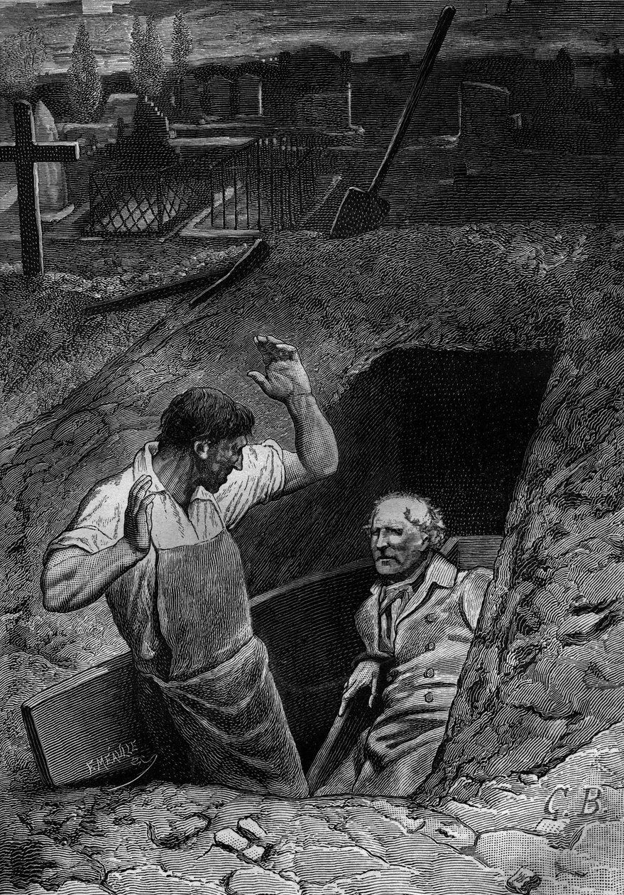 Illustrasjon til romanen «Les Misérables» av Victor Hugo (2. del: Cosette), gravering av Meaulle: Fauchelevent og Jean Valjean av Fortune Louis Meaulle