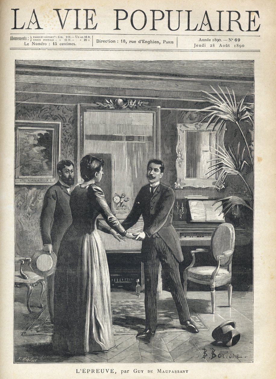 In a bourgeois living room, a man rises precipitation towards the mistress of the house and grabs her hands, dropping his hat on the floor, under the astonishing gaze of another man. Illustration by Bernard Borione (1865-20th century), for the test by Guy  av Fortune Louis Meaulle