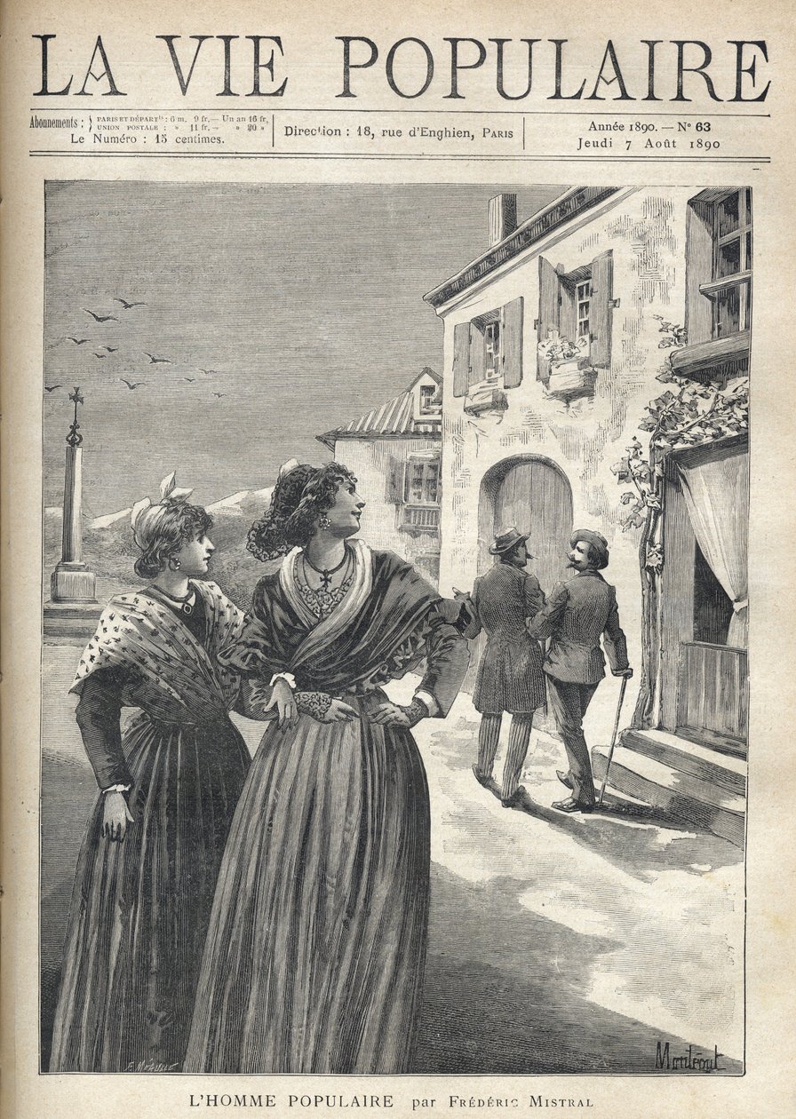 I gatene i en landsby i Provence snur to pene kvinner i provençalske kjoler tilbake til gaten for å konfrontere en mann som vender seg selvsikkert mot øynene deres. Illustrasjon av Montegut for The Popular Man av Frederic Mistral (1830-1914). Gravering av  av Fortune Louis Meaulle