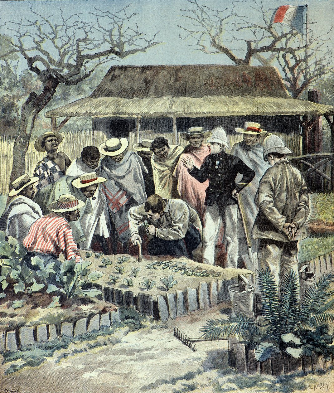 Franskmennene gir jordbrukstimer til innfødte på Madagaskar i 1897 (gravering) av Fortune Louis Meaulle