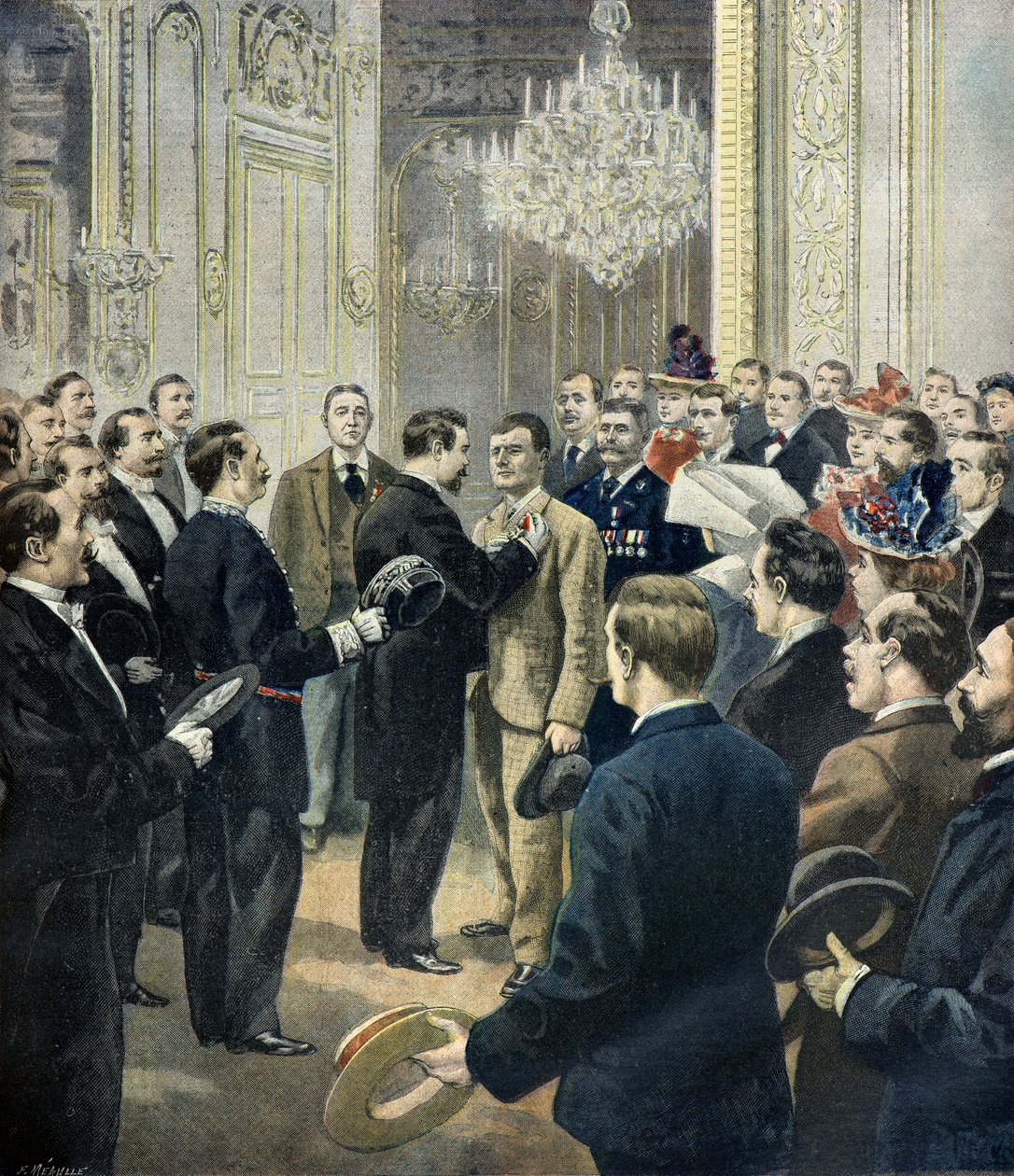 Louis Barthou dekorerer kusken Georges, redningsmann for Bazar de la Charite, 1897 (Gravering) av Fortune Louis Meaulle