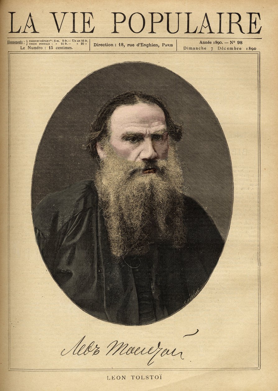 Portrait of Leon Tolstoi (1828-1910), Russian writer. Illustration by F. Meaulle. Engraving from 1890 in “La vie populaire””. Private Collection av Fortune Louis Meaulle