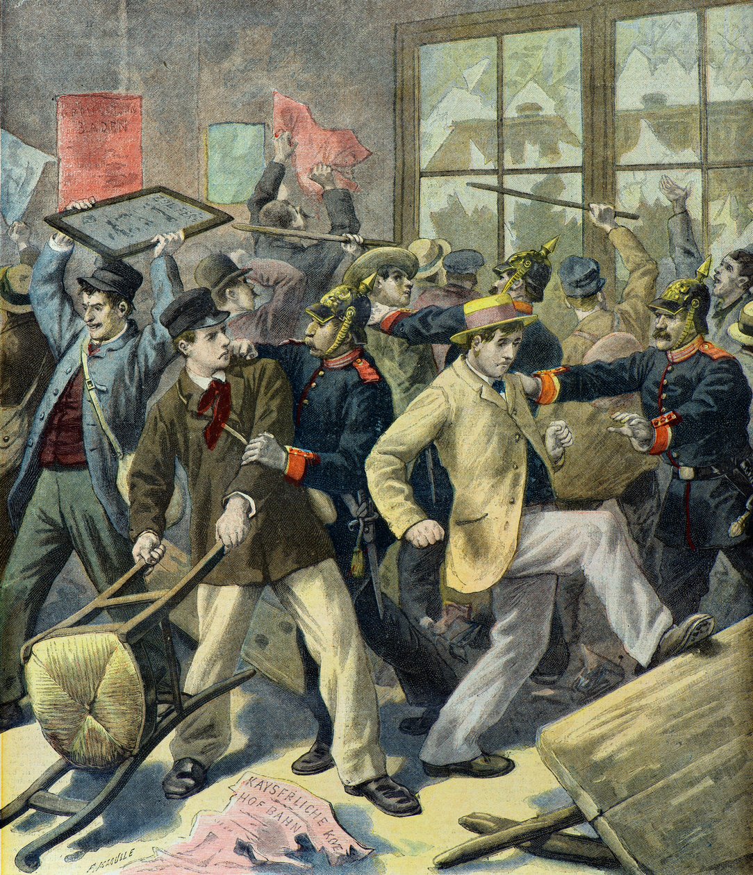 Opprør av vernepliktige fra Alsace-Lorraine i tyske stasjoner (gravering) av Fortune Louis Meaulle