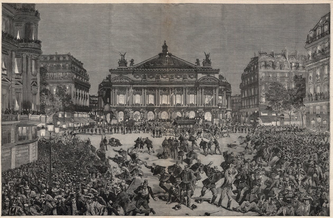 Opptøyer i Paris som protesterte mot fremføringen av Richard Wagners "" Lohengrin"" på Palais Garnier 1891 - Demonstrasjon patriotique, place de l