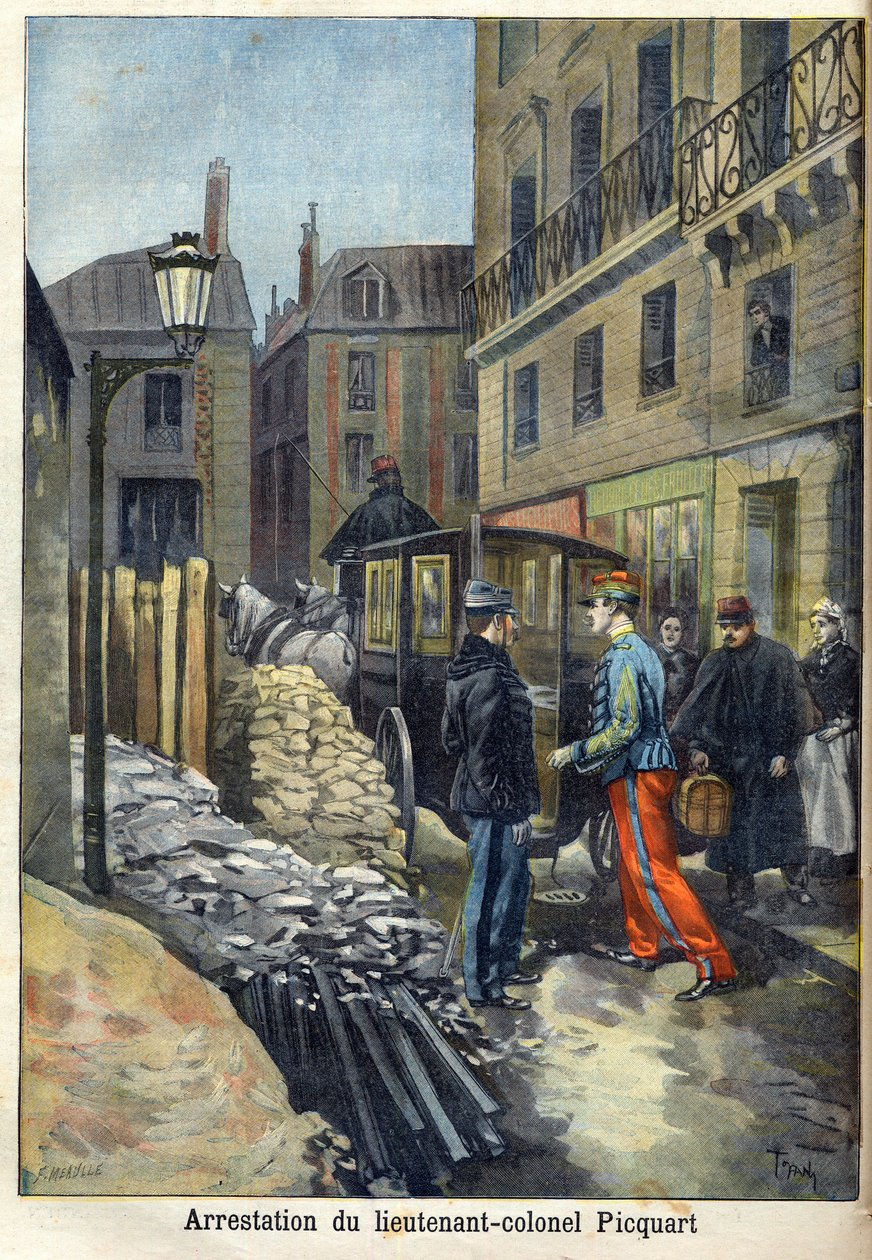Dreyfus-affæren "Arrest av oberstløytnant Picquart (1854-1914) i "Le Petit Journal", januar 1898 (gravering) av Fortune Louis Meaulle
