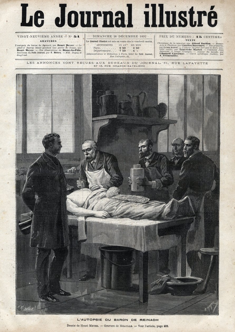 Obduksjonen av baron Jacques de Reinach (1840-1892) i 1892 - gravering av Meaulle i "The Illustrous Journal" fra 1892 av Fortune Louis Meaulle