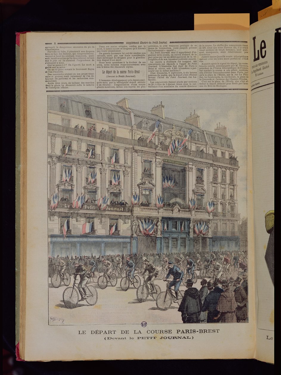 Starten på sykkelrittet Paris-Brest foran kontorene til 'Le Petit Journal', illustrasjon fra magasinet med samme navn, 15. september 1891 av Fortune Louis Meaulle