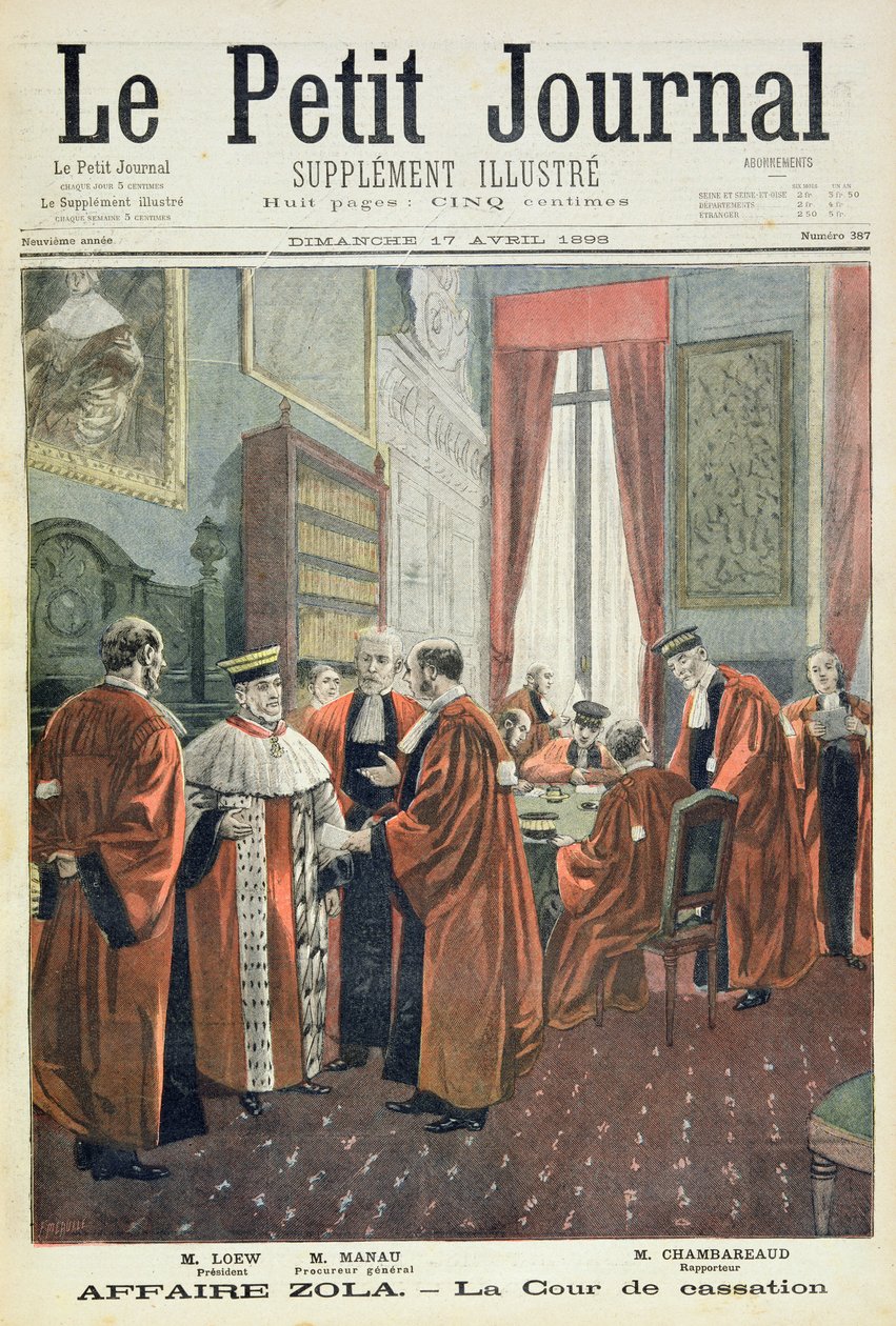 Tittelside som viser kassasjonsdomstolen med Mr. Loew, Mr. Chambareaud og Mr. Manau, illustrasjon fra det illustrerte tillegget til Le Petit Journal av Fortune Louis Meaulle