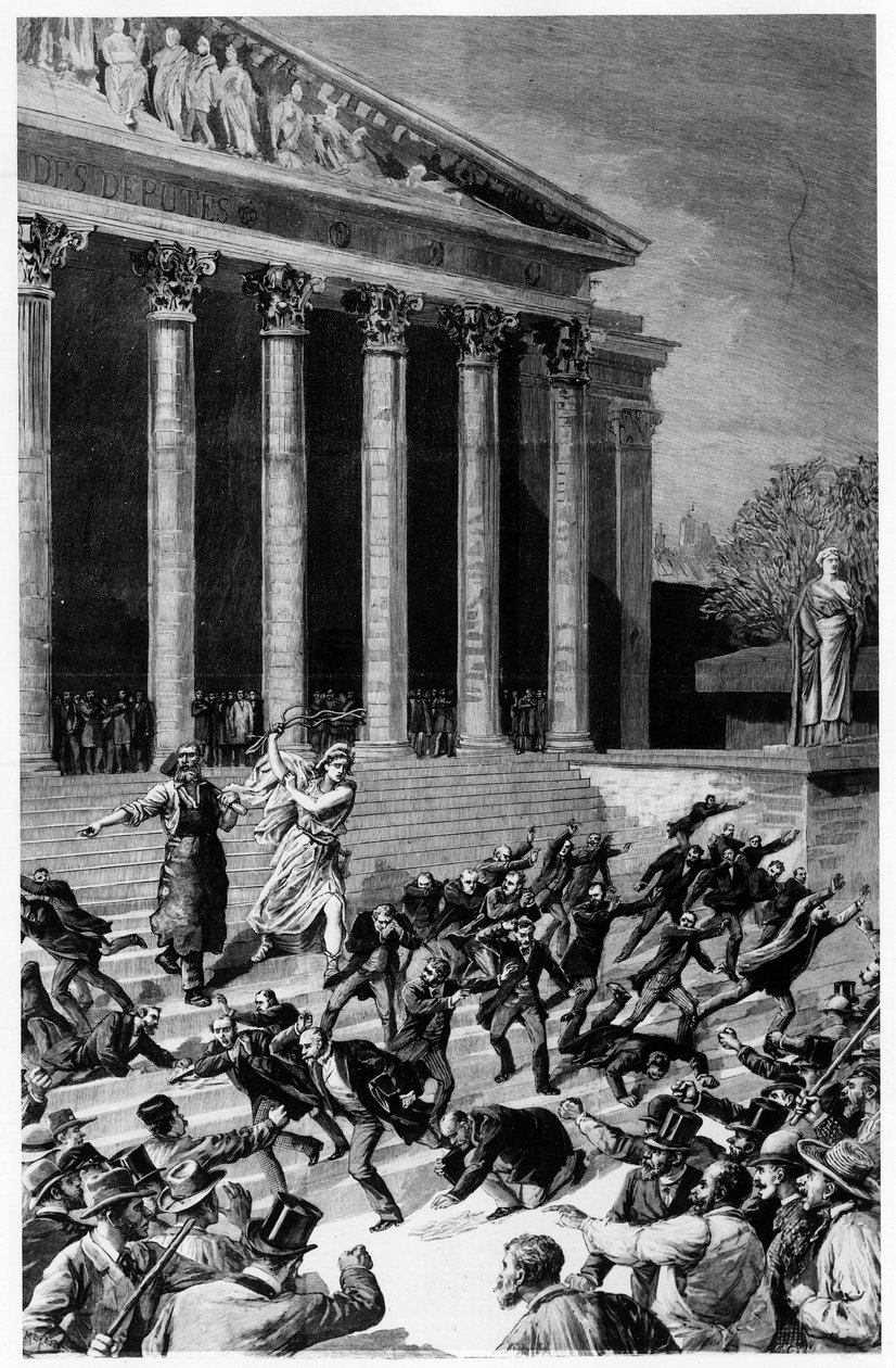 Allmenn stemmerett og republikken som jager kjøpmenn fra templet - i "" Le Journal illustré""" av 25.12.1892, komposisjon av Henri Meyer, gravering av Meaulle. av Fortune Louis Meaulle