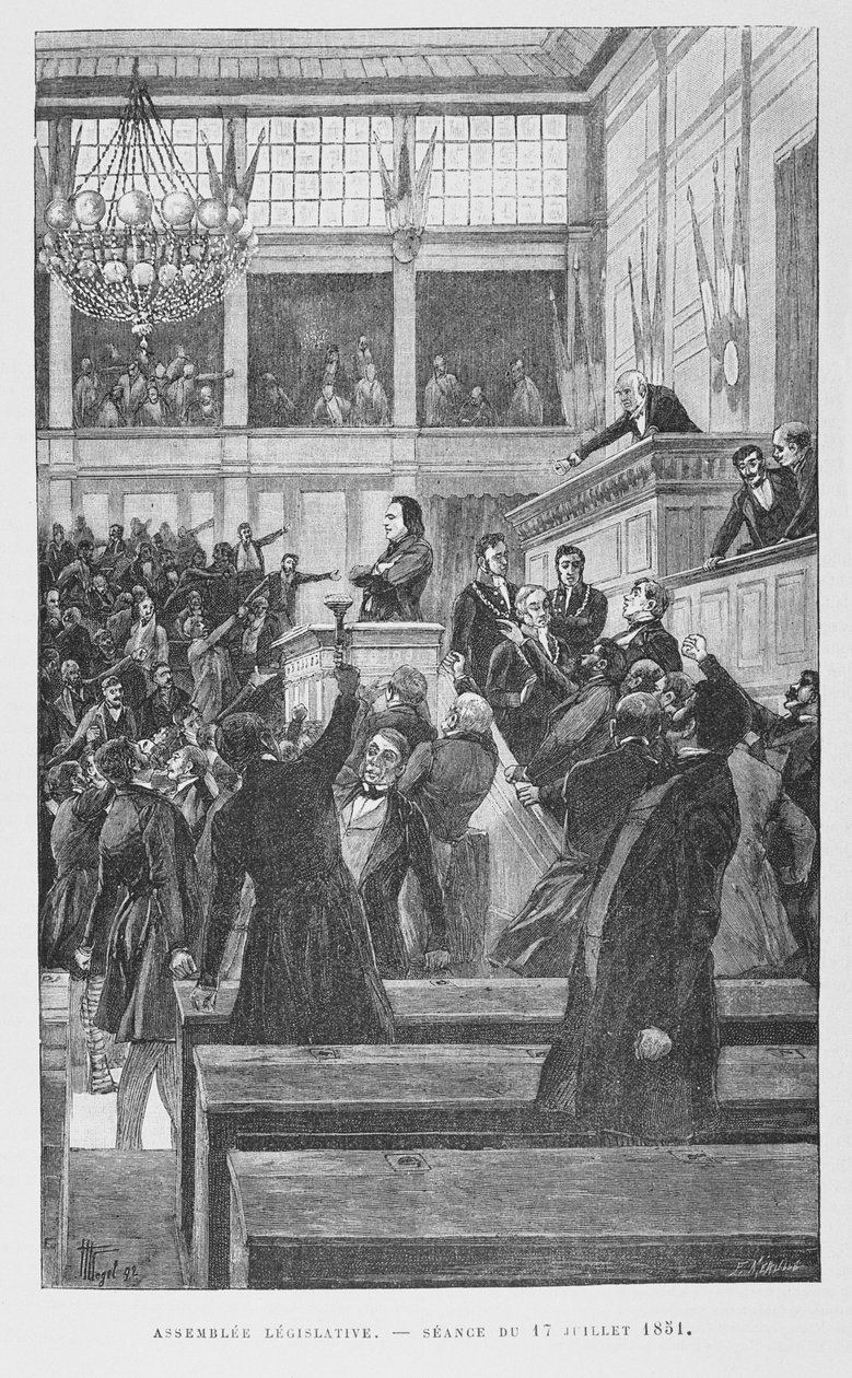 Victor Hugo (1802-85) ved den lovgivende forsamling holdt en tale om revisjon av grunnloven 17. juli 1851, ca. 1885 av Fortune Louis Meaulle