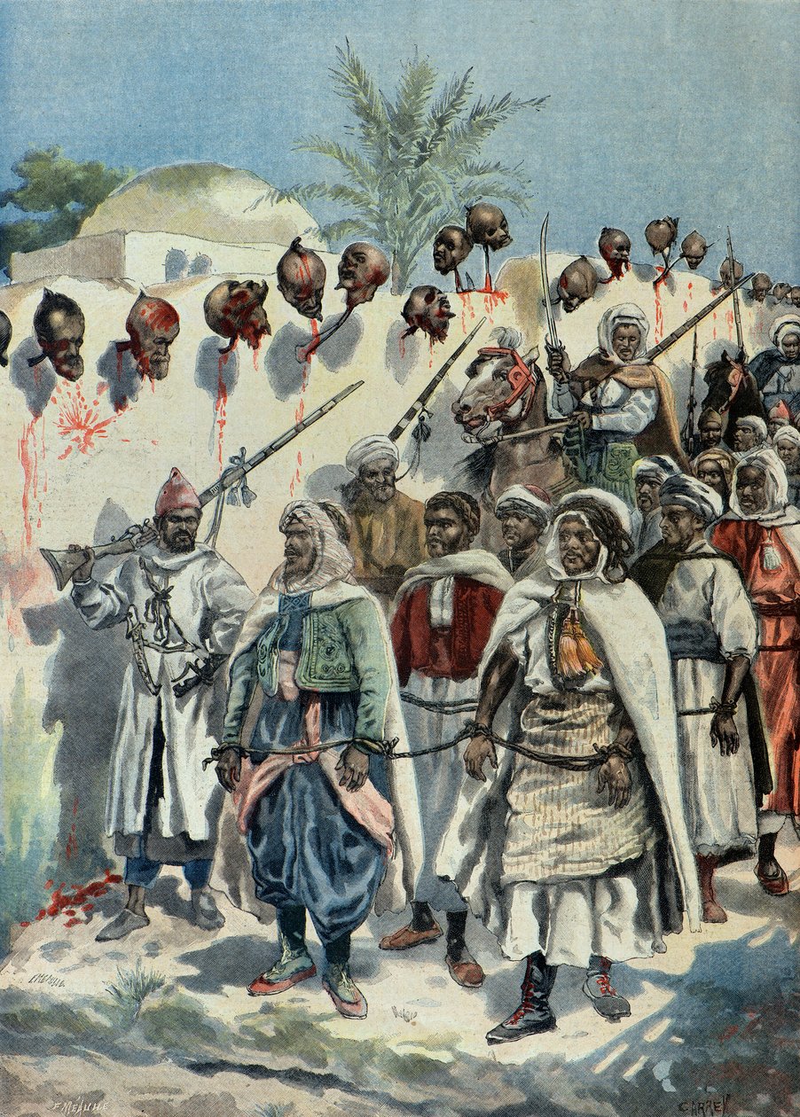 fengslede marokkanske opprørere går forbi de avskårne hodene til kameratene sine i 1897 (gravering) av Fortune Louis Meaulle