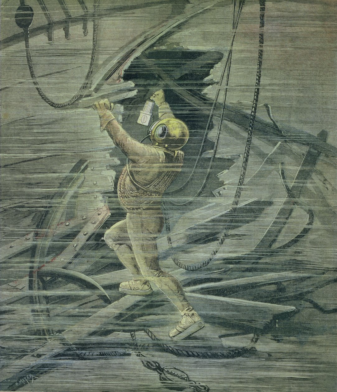 En dyphavsdykker ser på vrakene i havnen i Le Havre, fra 