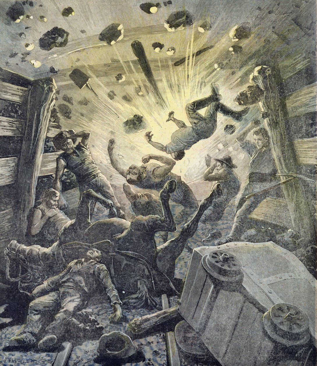 En gasseksplosjon, illustrasjon fra det illustrerte tillegget til Le Petit Journal, 2. april, 1892 av Fortune Louis Meaulle and Henri Meyer