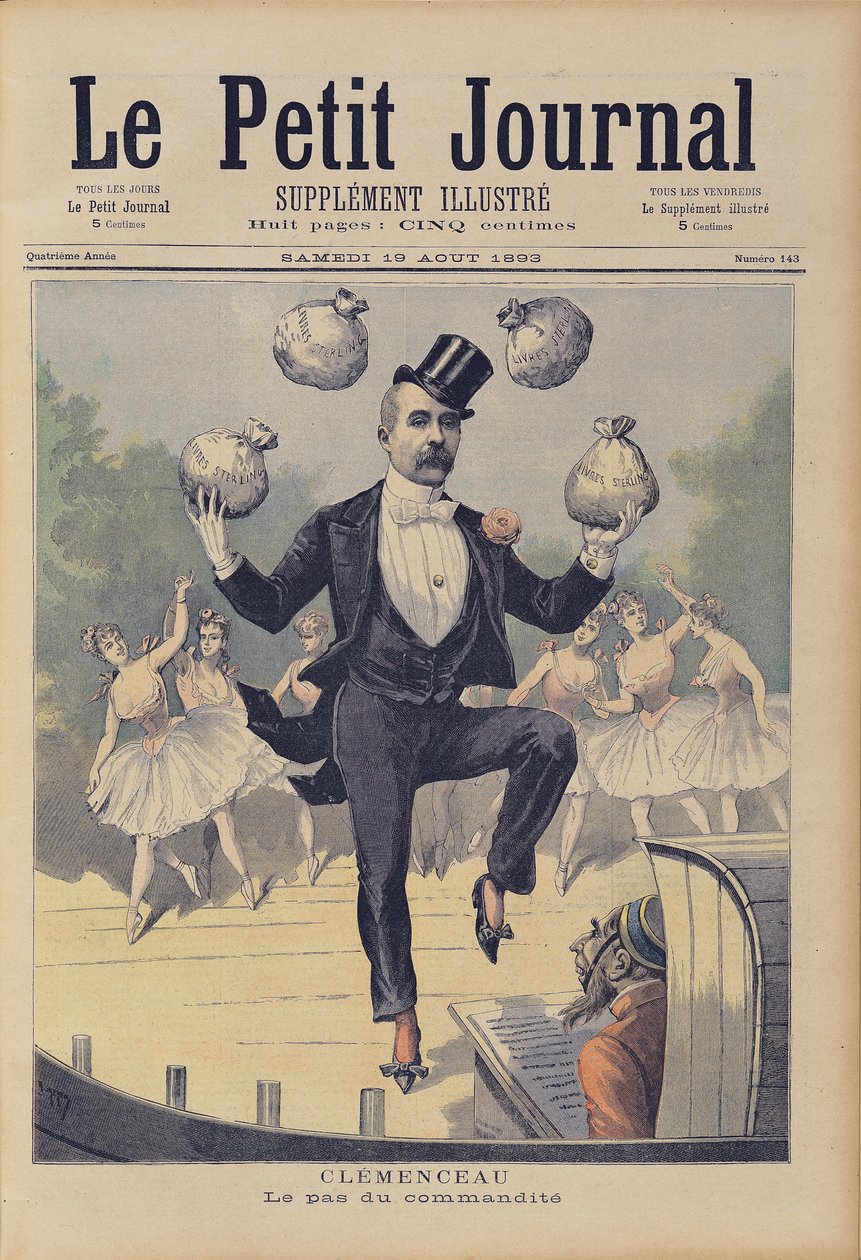 Georges Clemenceau (1841-1929) sjonglerer poser med engelske penger, fra 