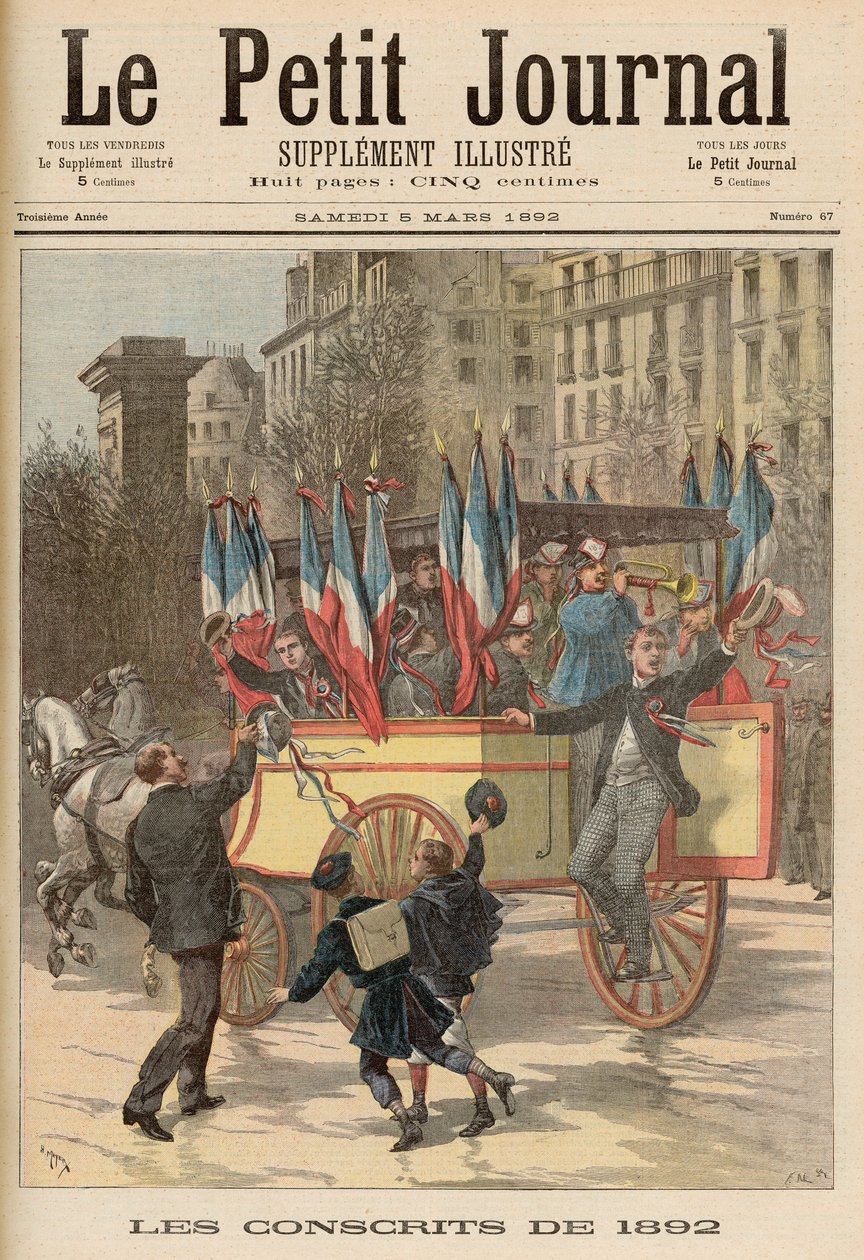 De vernepliktige av 1892, fra 'Le Petit Journal', 5. mars 1892 av Fortune Louis Meaulle and Henri Meyer