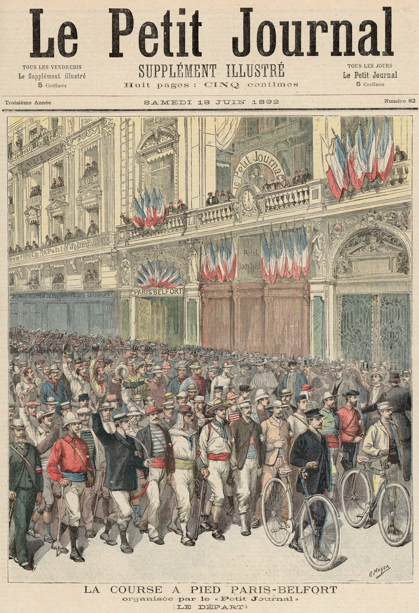 The Start of the Road Race fra Paris til Belfort, fra 'Le Petit Journal', 18. juni 1892 av Fortune Louis Meaulle and Henri Meyer