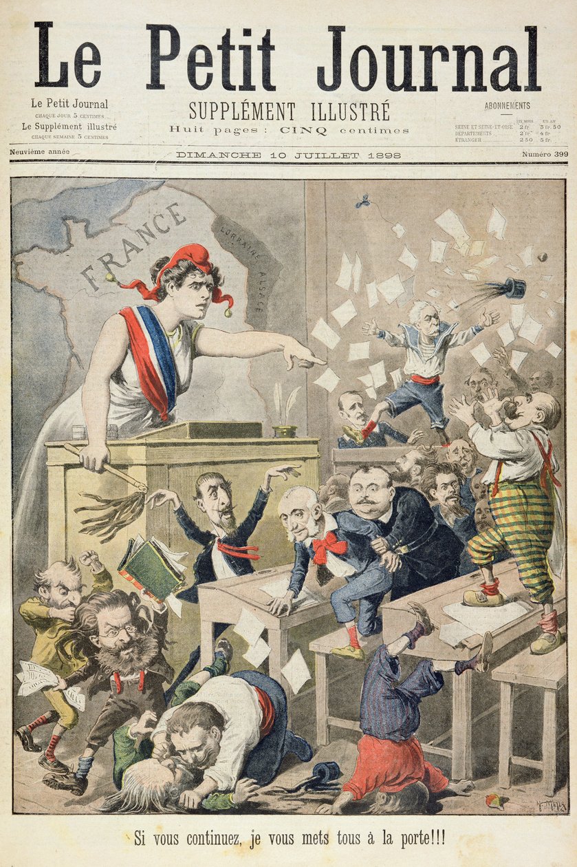 Tittelside som viser et bråk i Deputerthuset, illustrasjon fra det illustrerte tillegget til Le Petit Journal, 10. juli, 1898 av Fortune Louis Meaulle and Henri Meyer