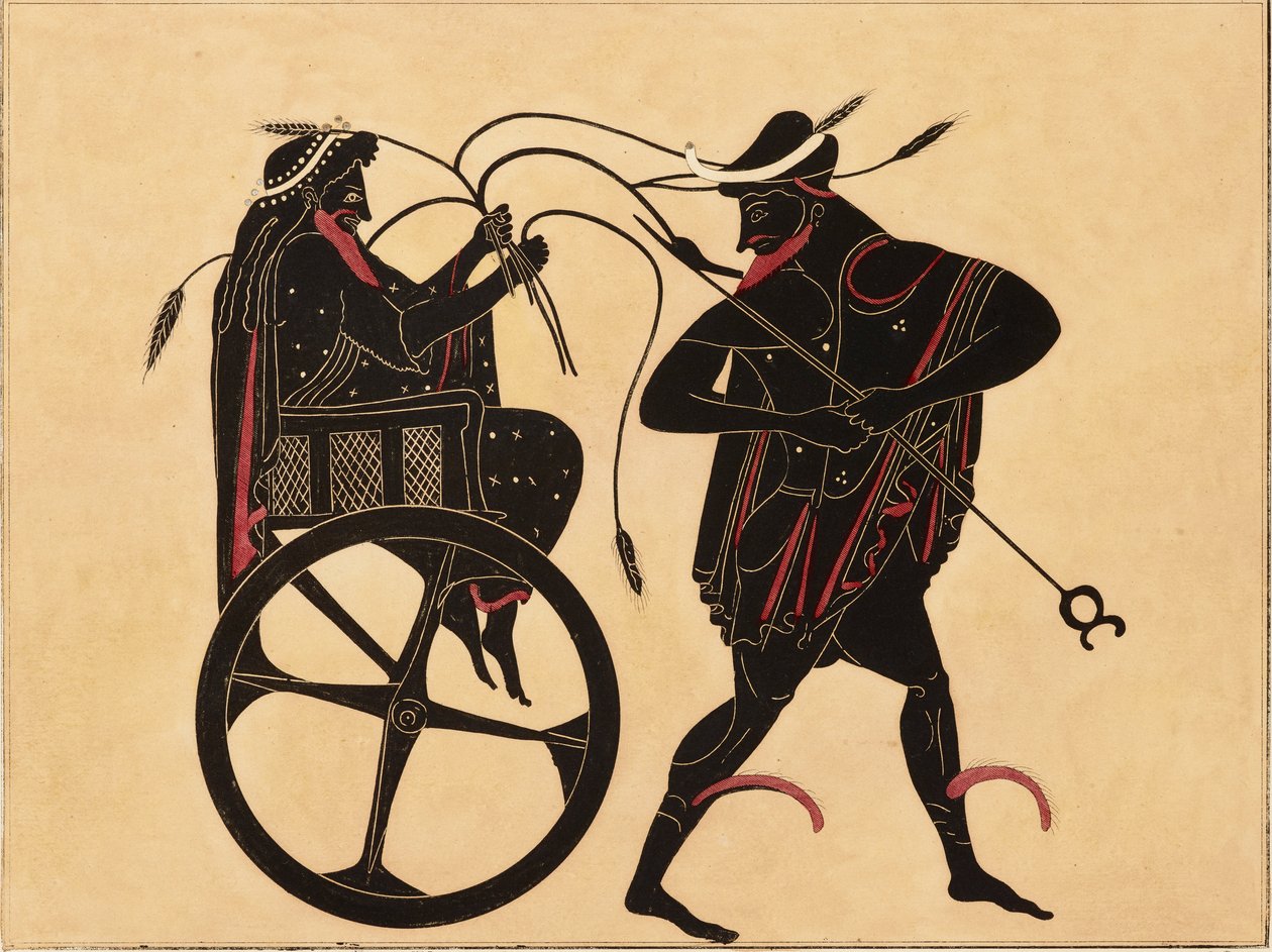 Trykk av dekorasjonen på en gresk amfora, som viser Triptolemus og Hermes, c1858. av Fourquemin