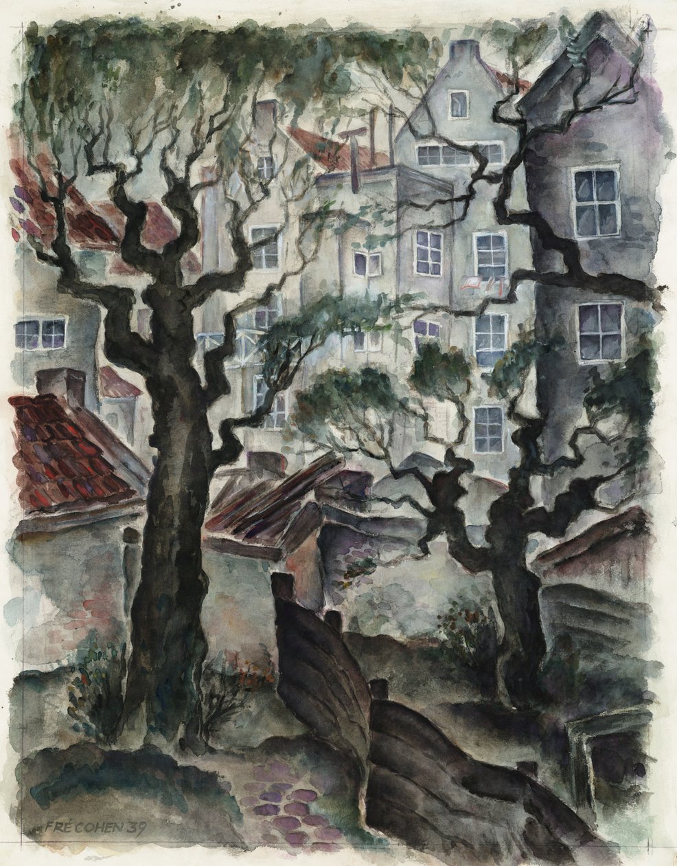 Fré Cohen 1939-tegning Nieuwe Herengracht Bakside av hus av Fré Cohen