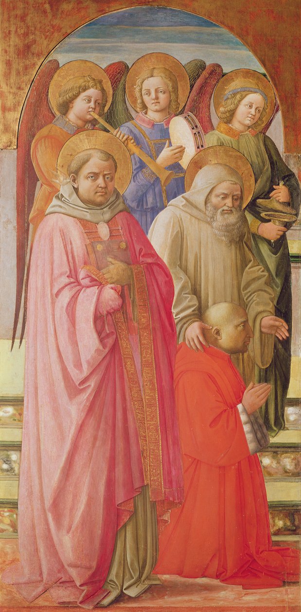 Triptyk som skildrer Jomfruens kroning (venstre panel: helgener, englemusikere og den knelende kardinalen) (tempera på panel) av Fra Angelico