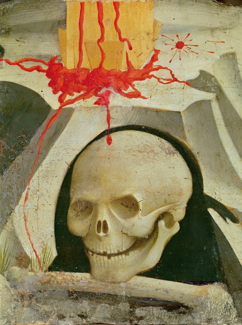 Korsfestelse og hellige detalj av hodeskallen ved foten av korset olje på tre av Fra Angelico
