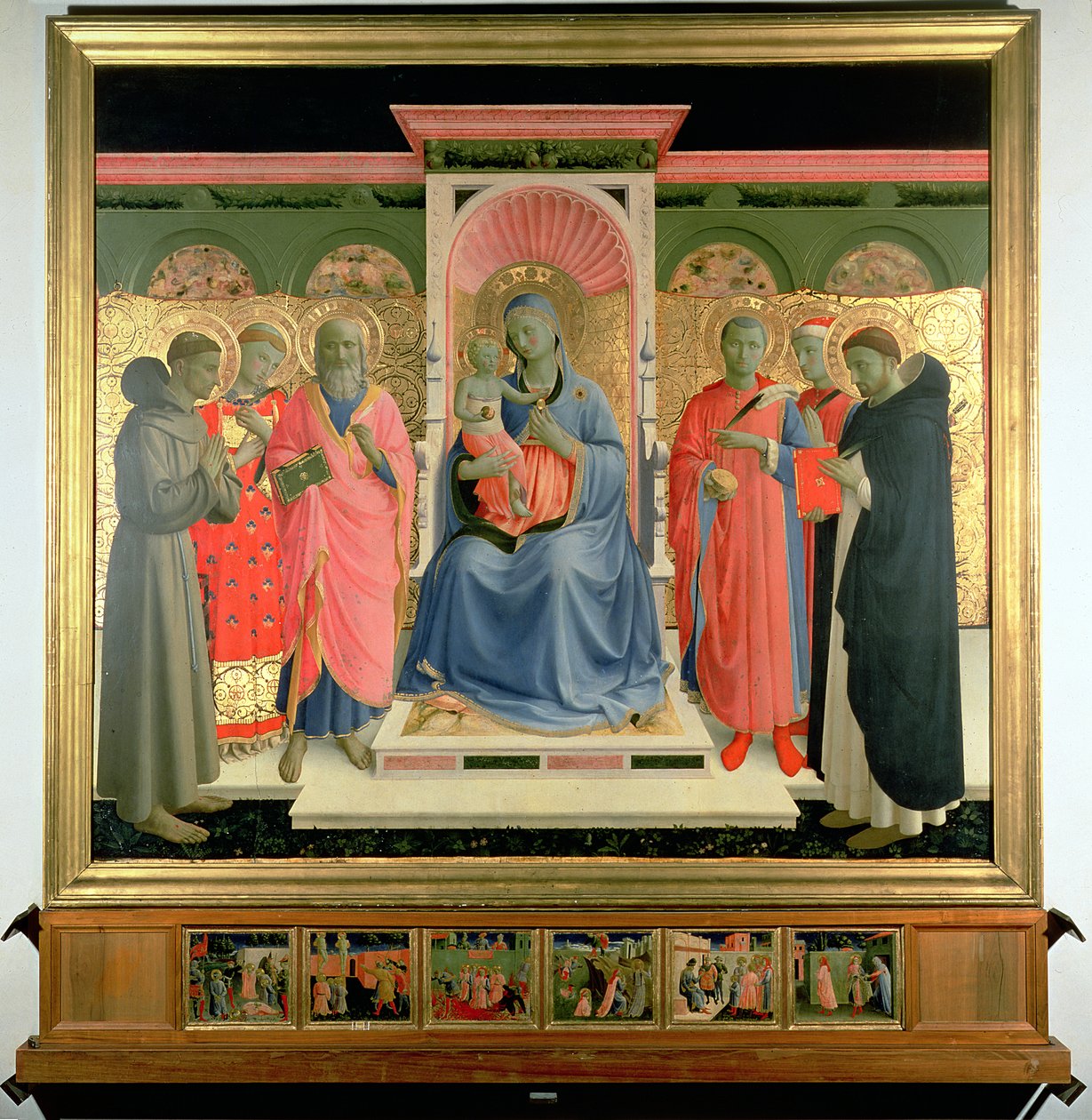 Detalj fra Annalena-altertavlen som viser jomfruen og barnet med St. Peter Martyren, St. Cosmas, St. Damian, St. John the Evangelist, St. Lawrence og St. Francis (tempera og bladgull på panelet av Fra Angelico