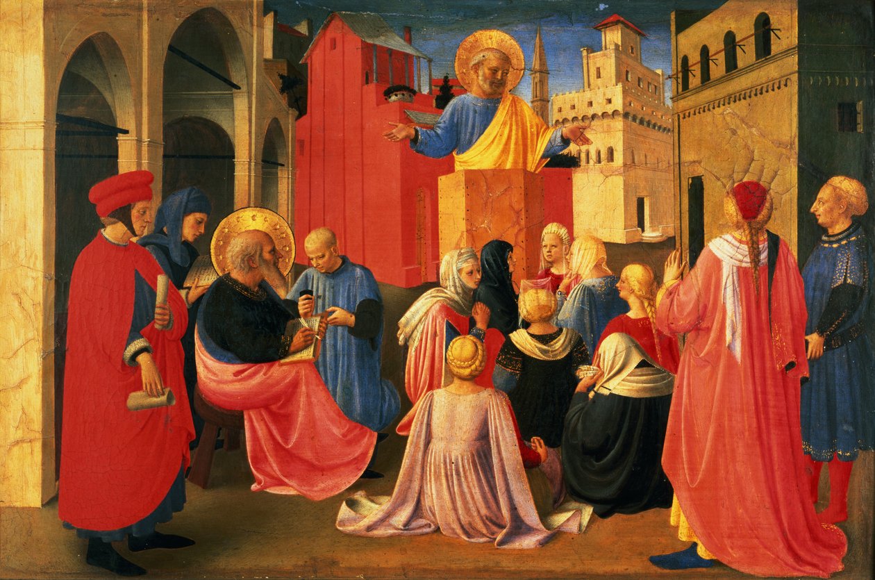 Detalj fra Linaiuoli Triptych, predella som viser St. Peter Preaching, 1433 (tempera på panel) av Fra Angelico