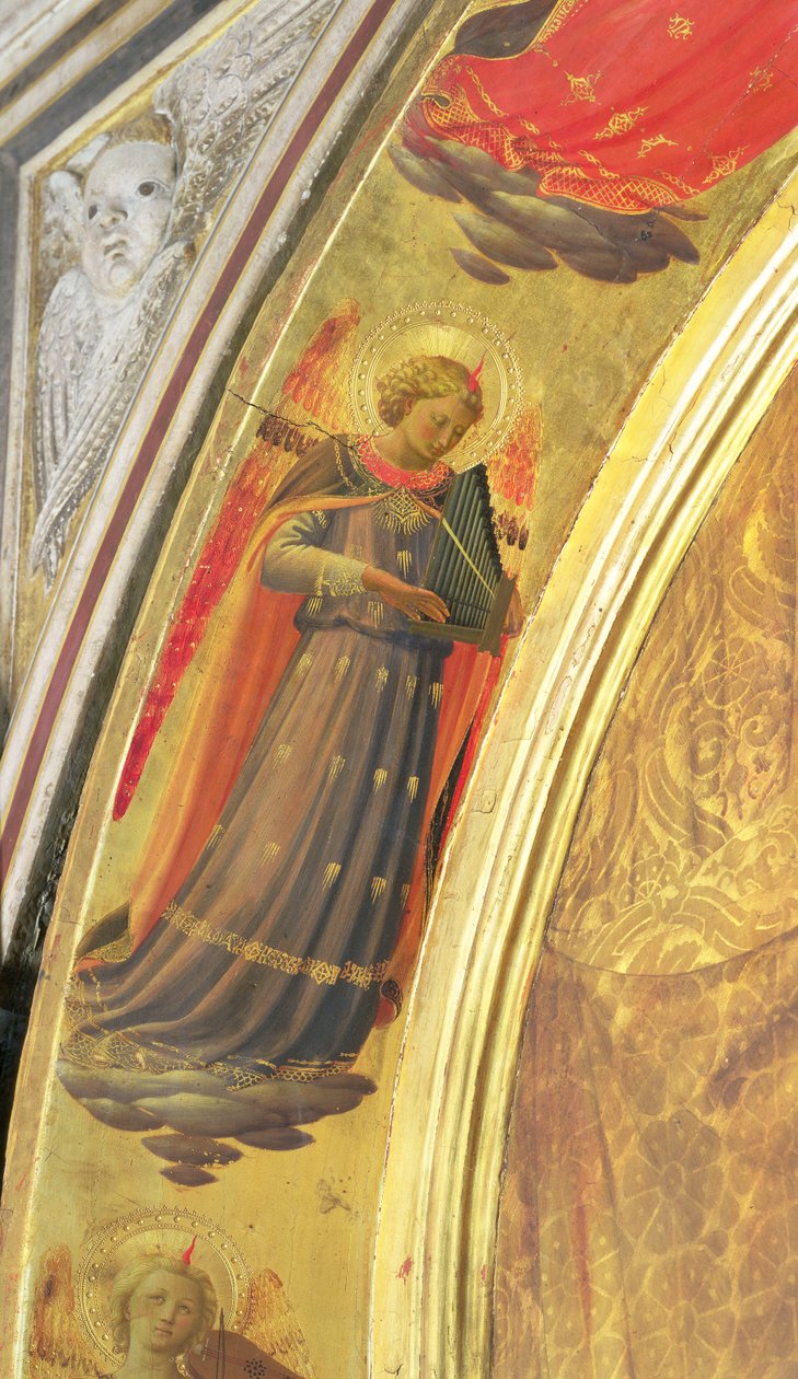 Detalj fra siden av Linaivoli Triptych som viser en engel som holder et portativt orgel, 1433 (tempera på panel) av Fra Angelico
