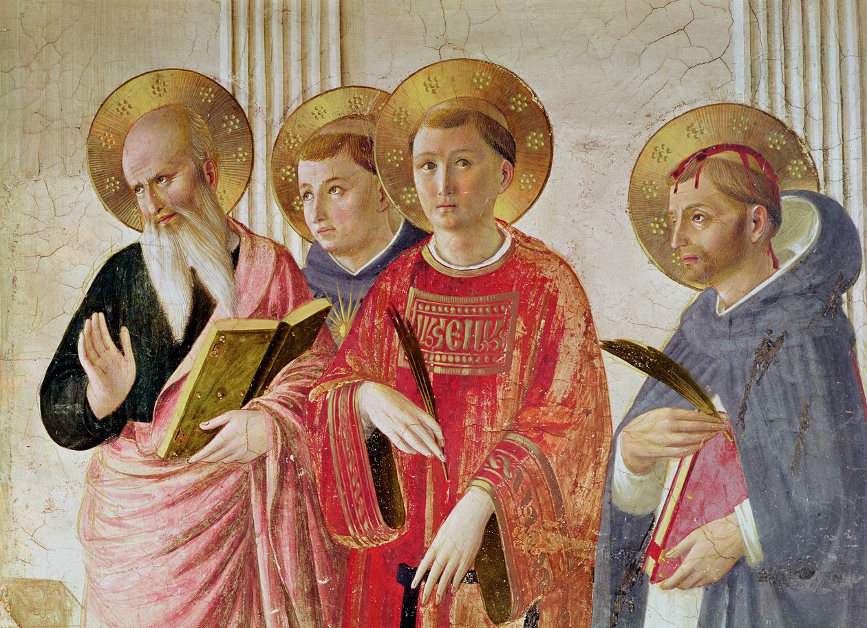 Madonna of the Shadow, detalj av de hellige Johannes evangelisten, Thomas Aquinas, Lawrence og Peter Martyr, fra korridoren i første etasje av Fra Angelico