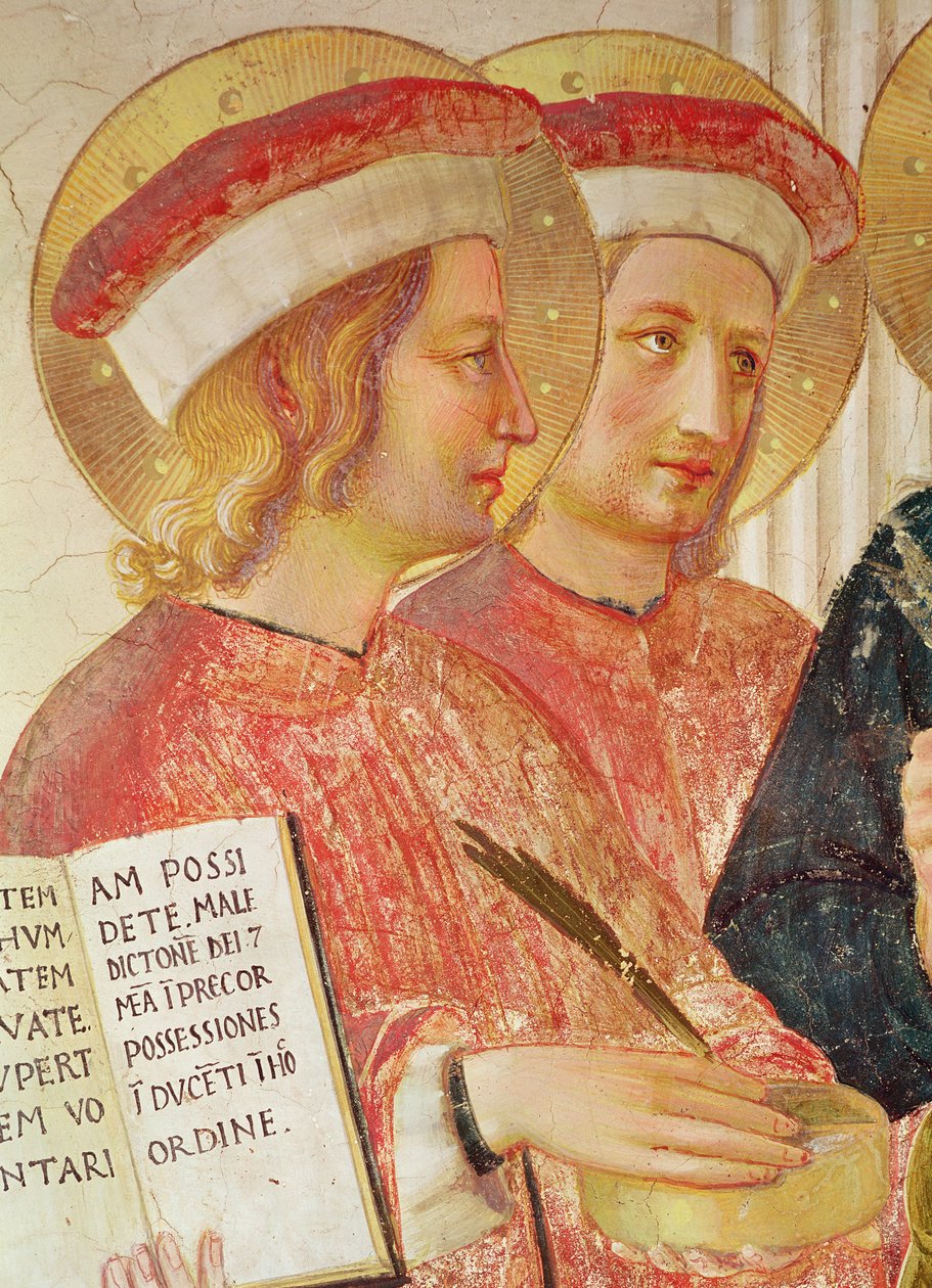 Madonna of the Shadow eller Jomfru og Barn mellom Saint Dominic, Cosmas, Damien, Mark, John the Evangelist, Thomas of Aquinas, Laurence og Pierre the martyr fra venstre til høyre detalj av Saint Cosmas av Fra Angelico