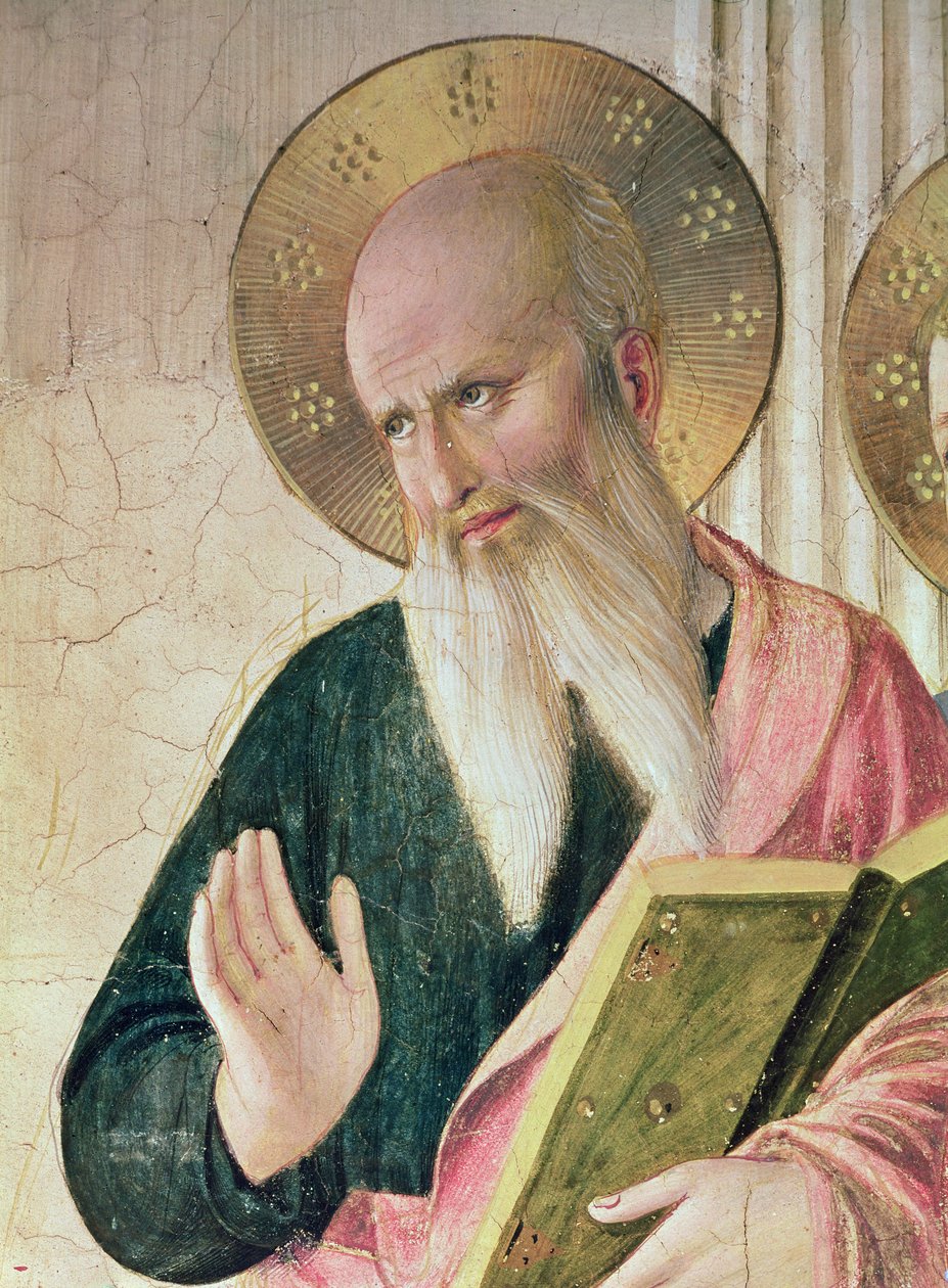 Madonna of the Shadow eller Jomfru og Barn mellom Saint Dominic, Cosmas, Damien, Mark, John the Evangelist, Thomas of Aquinas, Laurence og Pierre the martyr fra venstre til høyre detalj av Saint John th av Fra Angelico