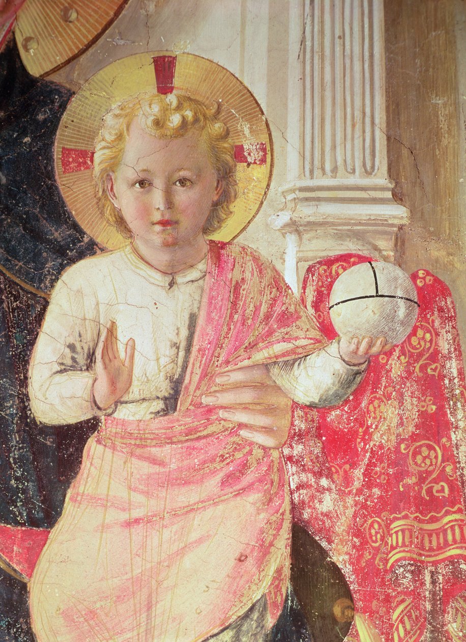 Madonna of the Shadow eller Jomfru og Barn mellom Saint Dominic, Cosmas, Damien, Mark, John the Evangelist, Thomas of Aquinas, Laurence og Pierre the martyr (fra venstre til høyre) (detalj av spedbarnet av Fra Angelico