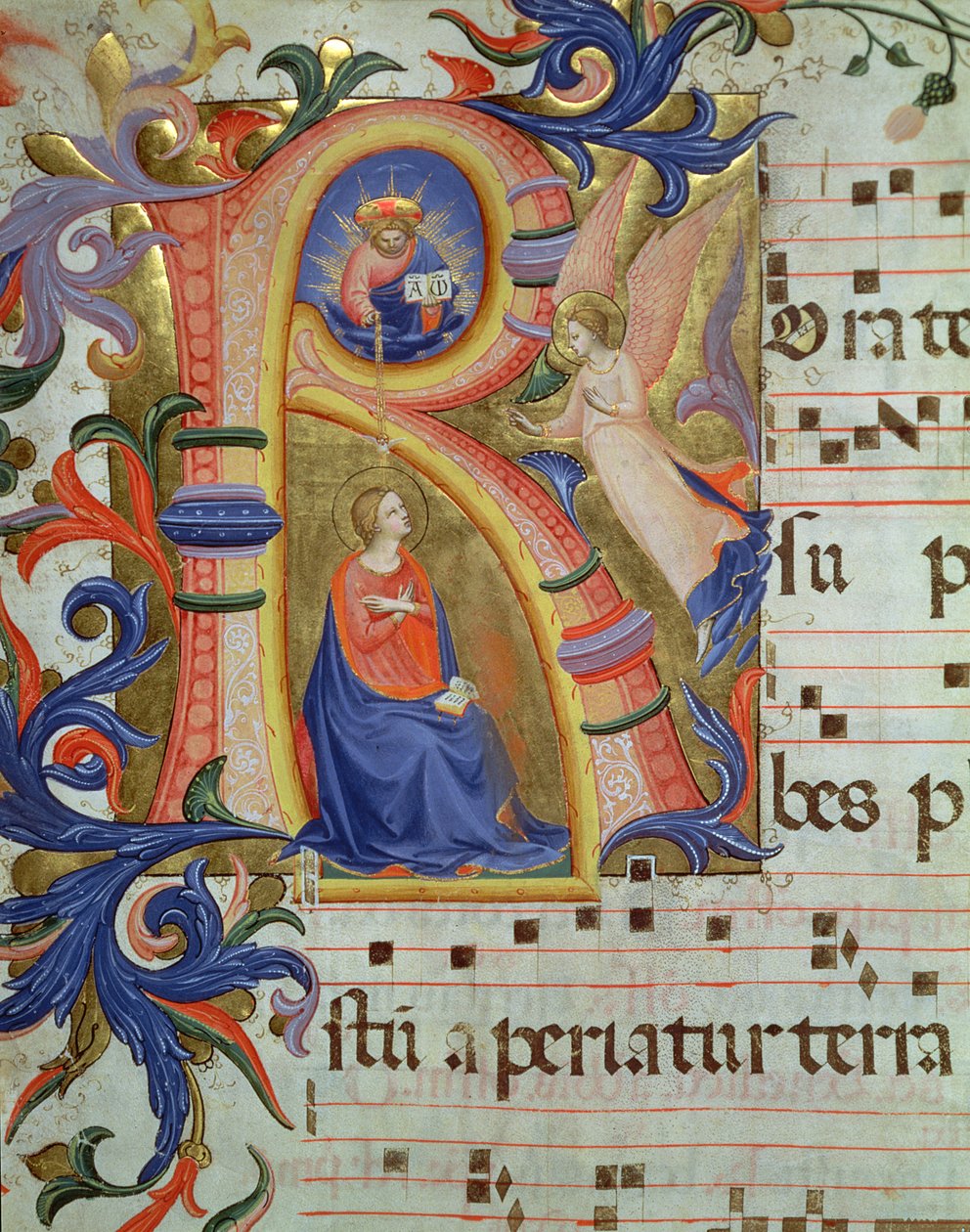 Ms 558 f.33v Bebudelsen avbildet i en historisk initial 