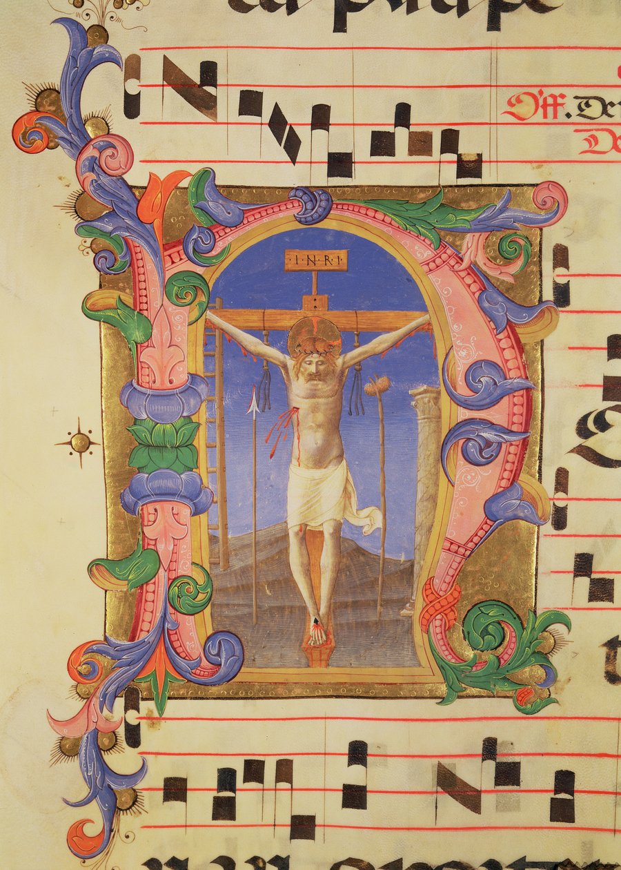 Ms 558 f.45v The Crucifixion avbildet i en historisk innledende 'N', detalj fra et missal, tidlig på 1430-tallet av Fra Angelico