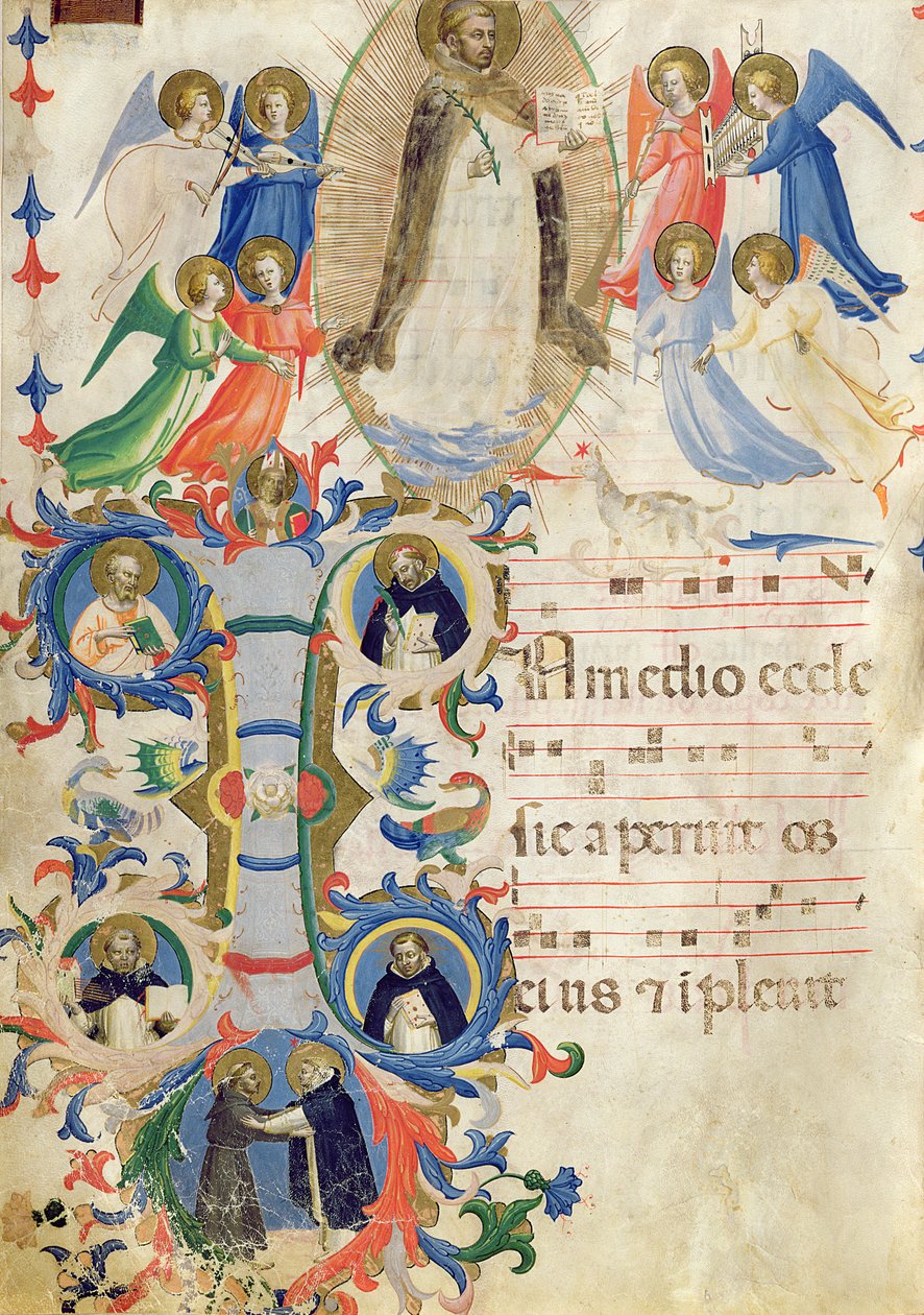 Ms 558 f.67v Side som viser St. Dominic og et historikert innledende 