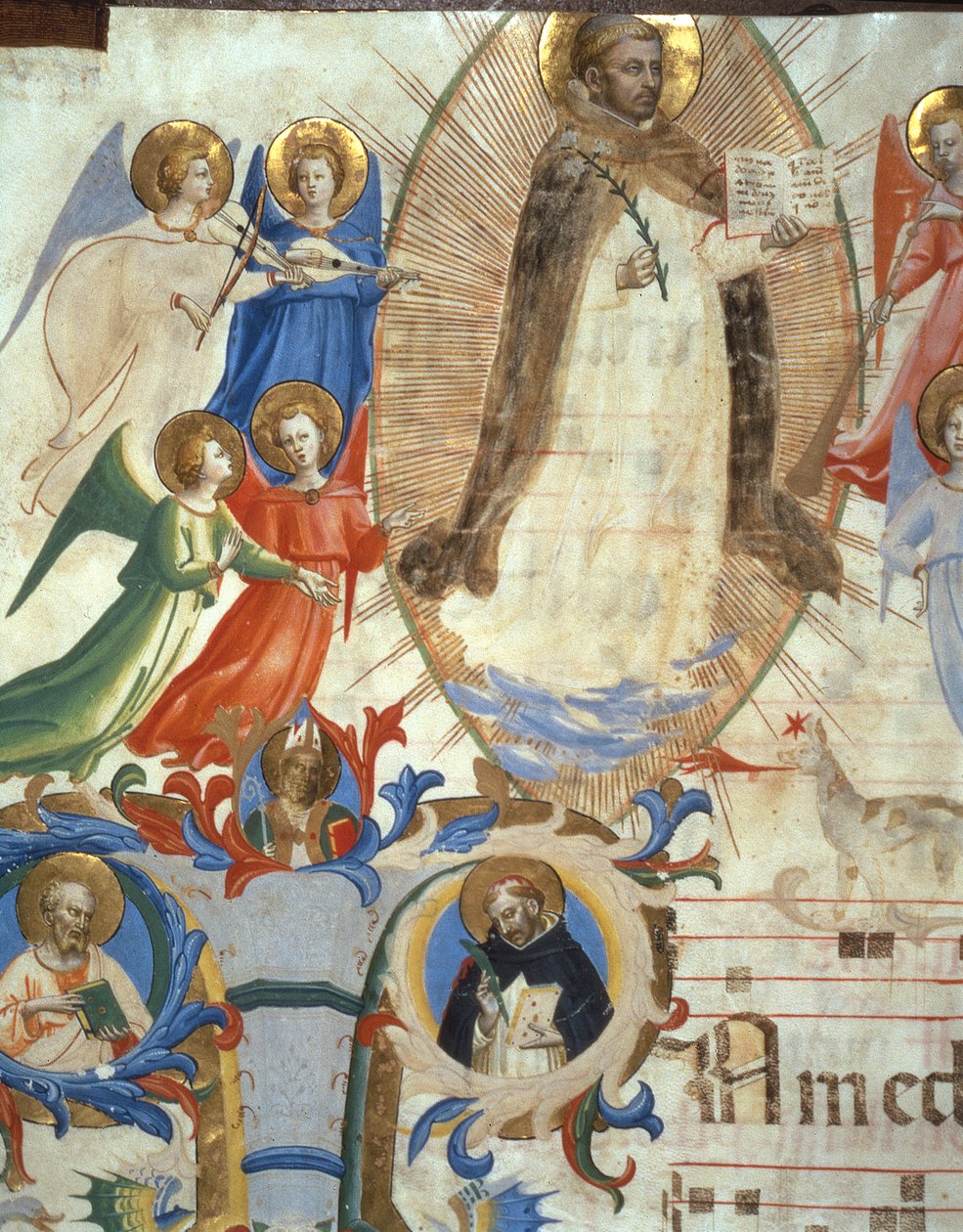 Ms 558 f.67v St. Dominic omgitt av musikerengler, detalj fra et missal, tidlig 1430-talls vellumdetalj av 88937 av Fra Angelico