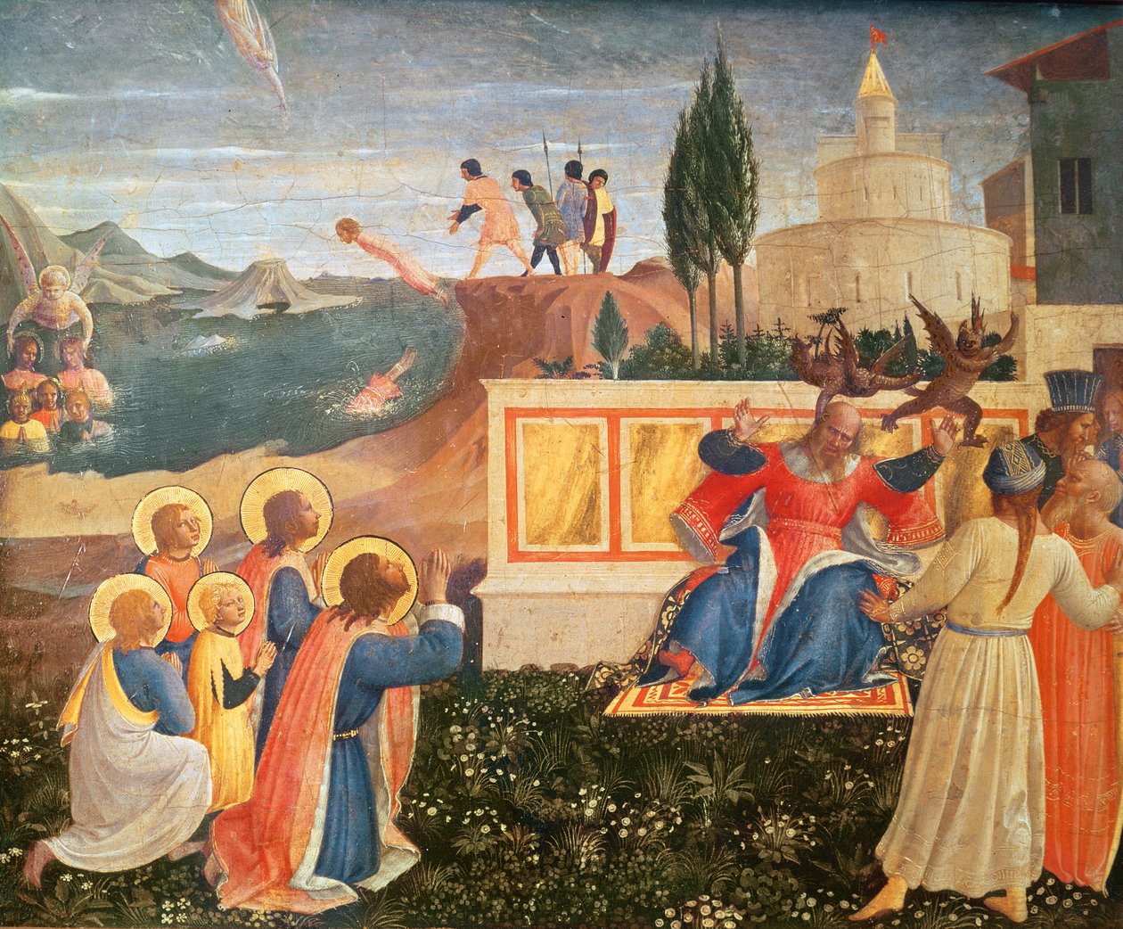 De hellige Cosmas og Damian blir kastet i havet; demoner rømmer fra munnen til prokonsulen Lysias, fra predellaen til San Marco-altertavlen, 1438-40 (tempera på panel) av Fra Angelico