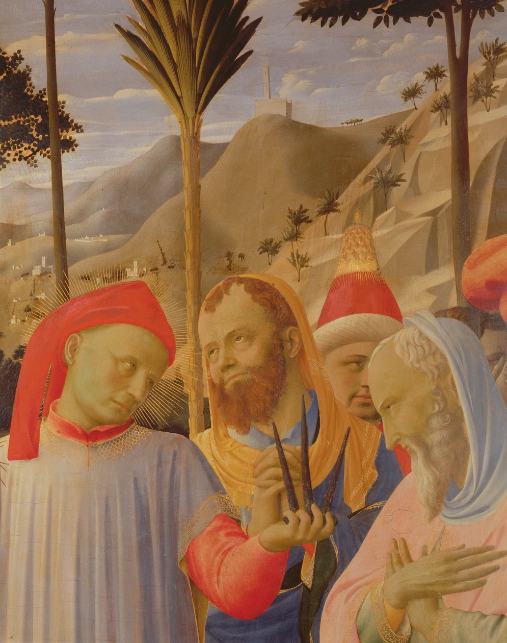 Santa Trinita altertavle, detalj som viser en gruppe menn, muligens inkludert Nikodemus og Josef av Arimathaea, ca. 1434 (tempera og gull på panel) av Fra Angelico