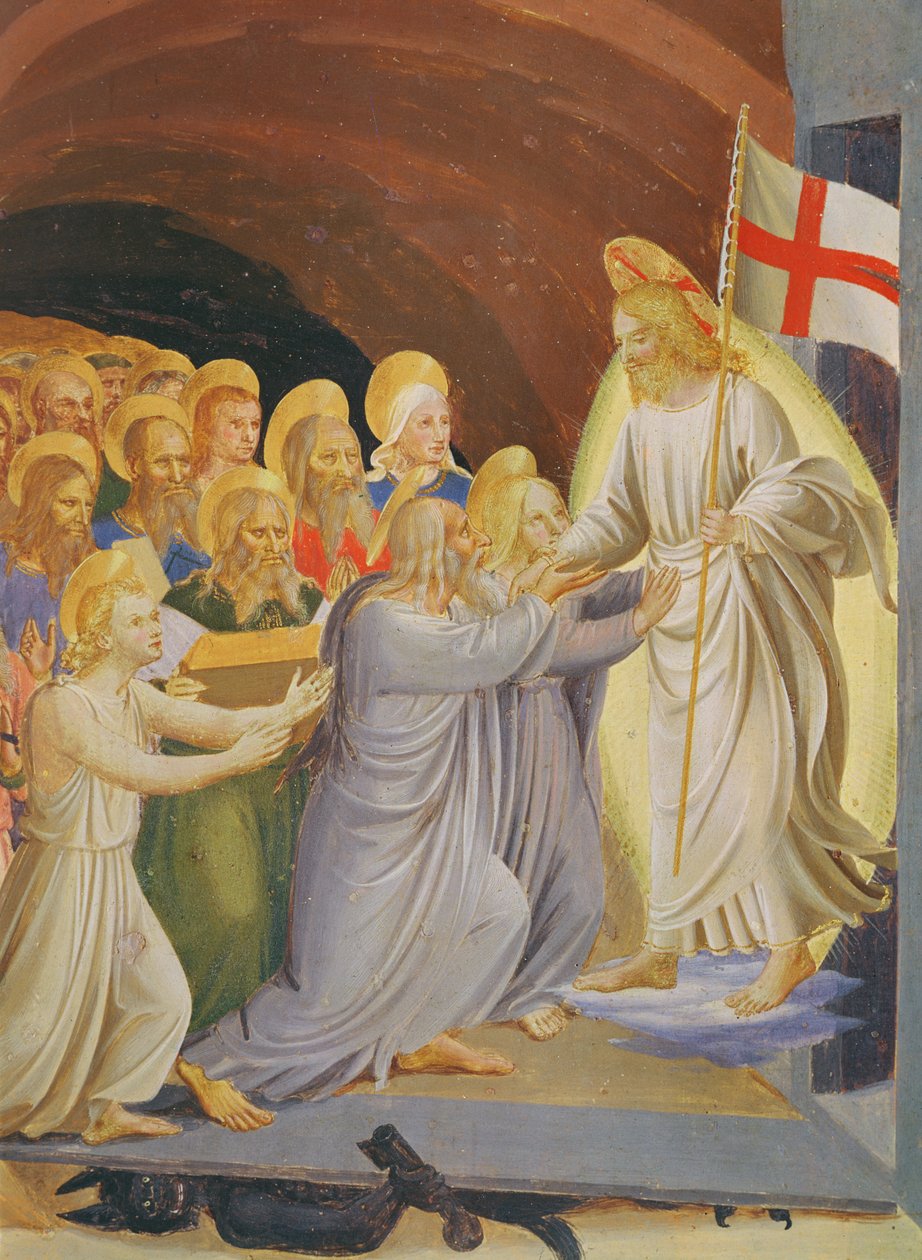 Scenes of the Life of Christ, 3. panel som viser nedstigningen til Limo-detaljen til gruppen før Kristus, 1450-3 tempera på tre av Fra Angelico