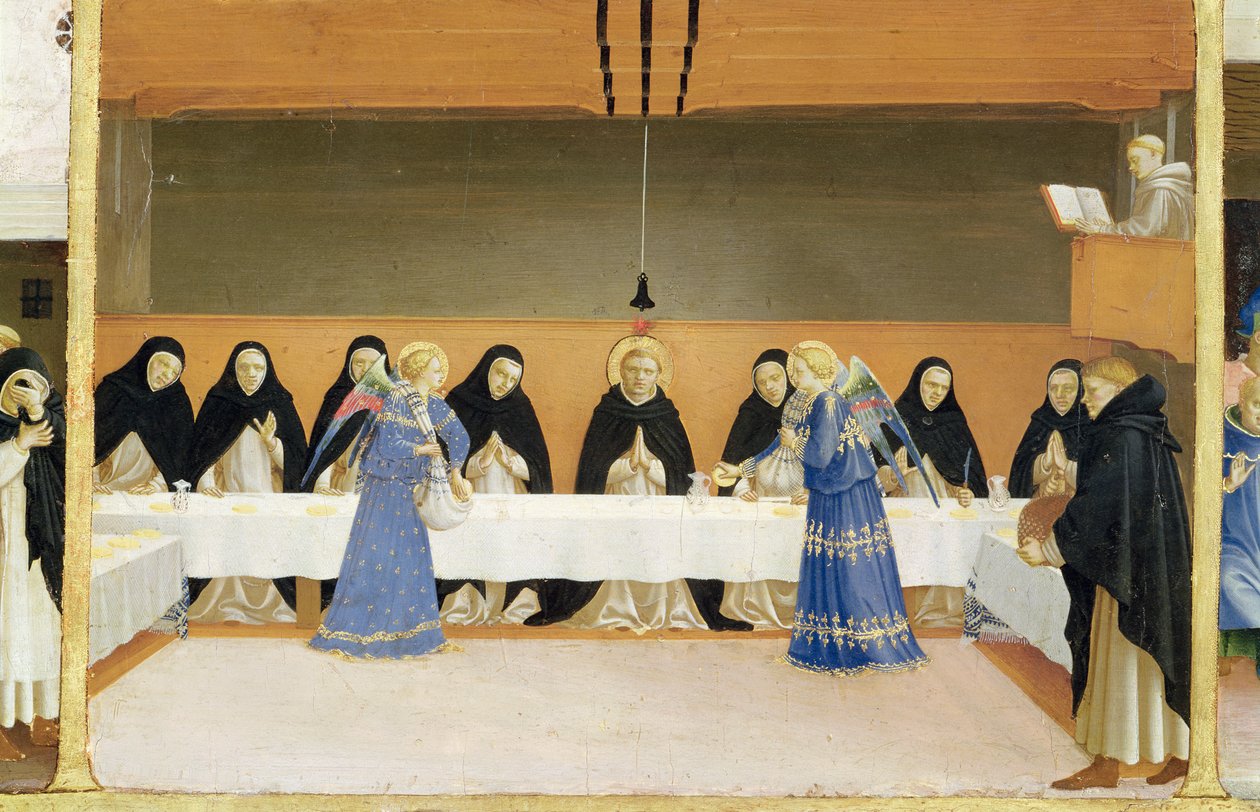 St. Dominic og hans følgesvenner matet av engler, fra predellapanelet til Jomfruens kroning, ca. 1430-32 (tempera på panel) av Fra Angelico