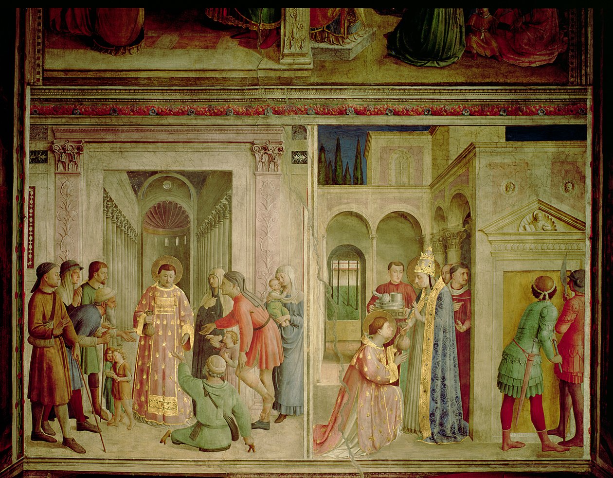 St.Lawrence mottar kirkens skatter og St.Lawrence deler ut almisser av Fra Angelico