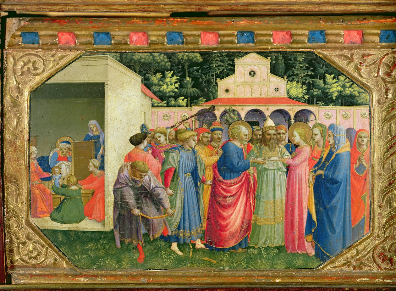 Jomfruens fødsel og ekteskap, fra predellaen til bebudelsens altertavle, ca. 1430-32 (tempera og gull på panel) av Fra Angelico