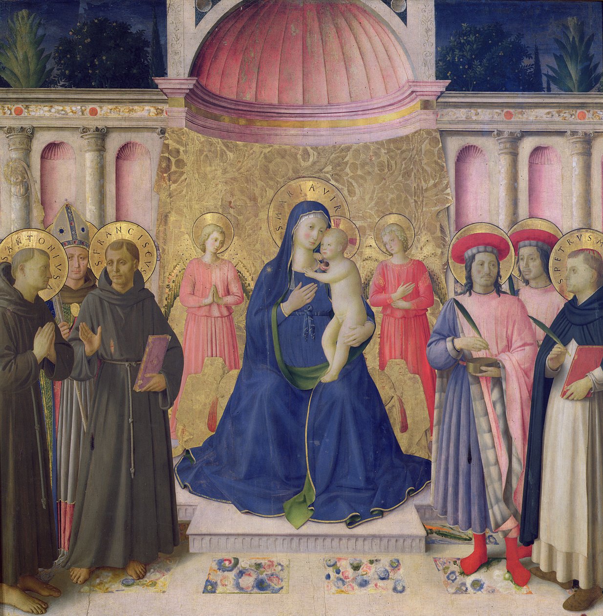 Bosco ai Frati-altertavlen: Jomfruen og barnet tronet med to engler mellom SS. Anthony av Padua, Louis av Toulouse og Frans og SS. Cosmas og Damian og Peter Martyren, 1452 (tempera av Fra Angelico