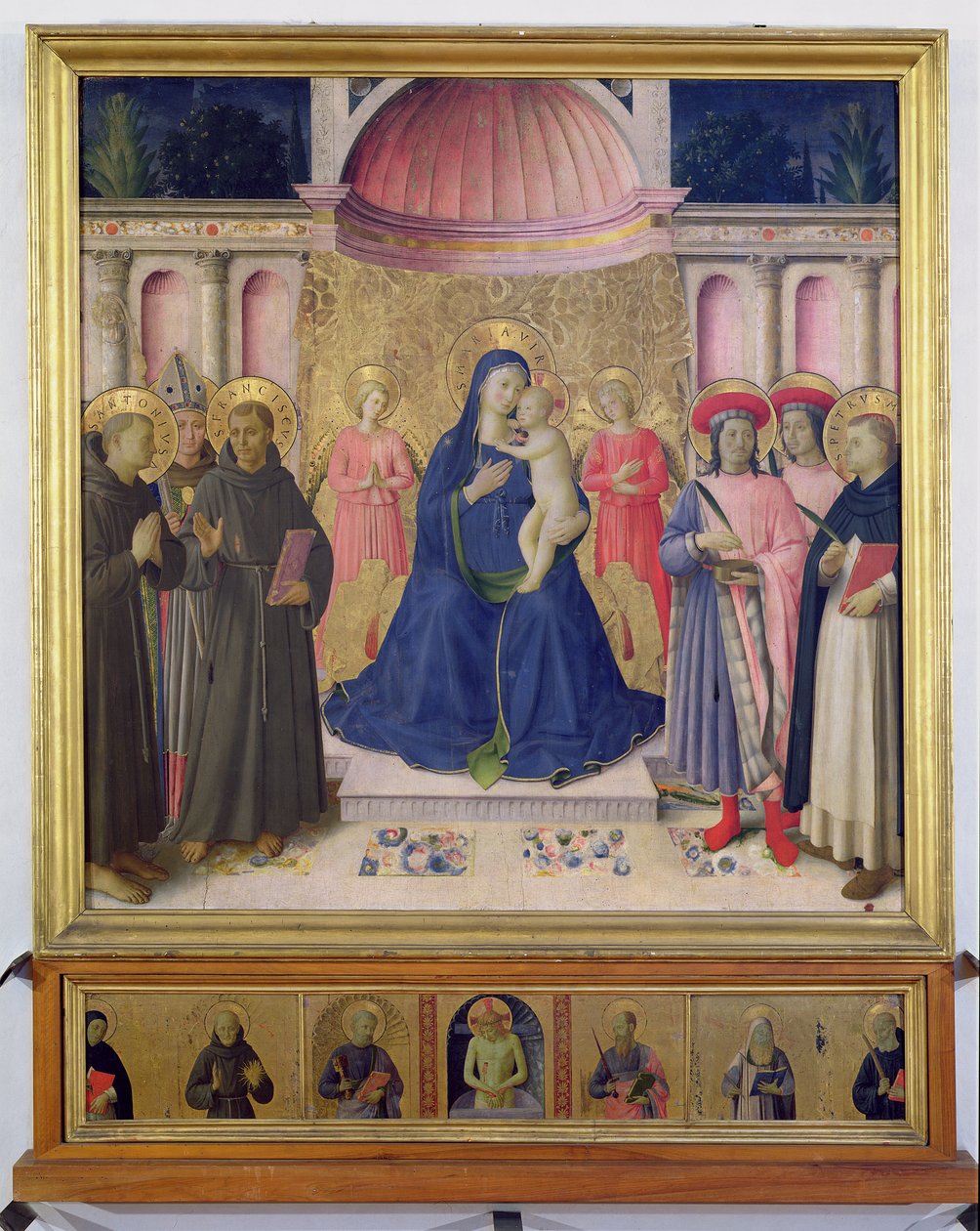 Bosco ai Frati-altertavlen: Jomfruen og barnet tronet med to engler mellom SS. Anthony av Padua, Louis av Toulouse og Frans og SS. Cosmas og Damian og Peter Martyren, 1452 (tempera av Fra Angelico