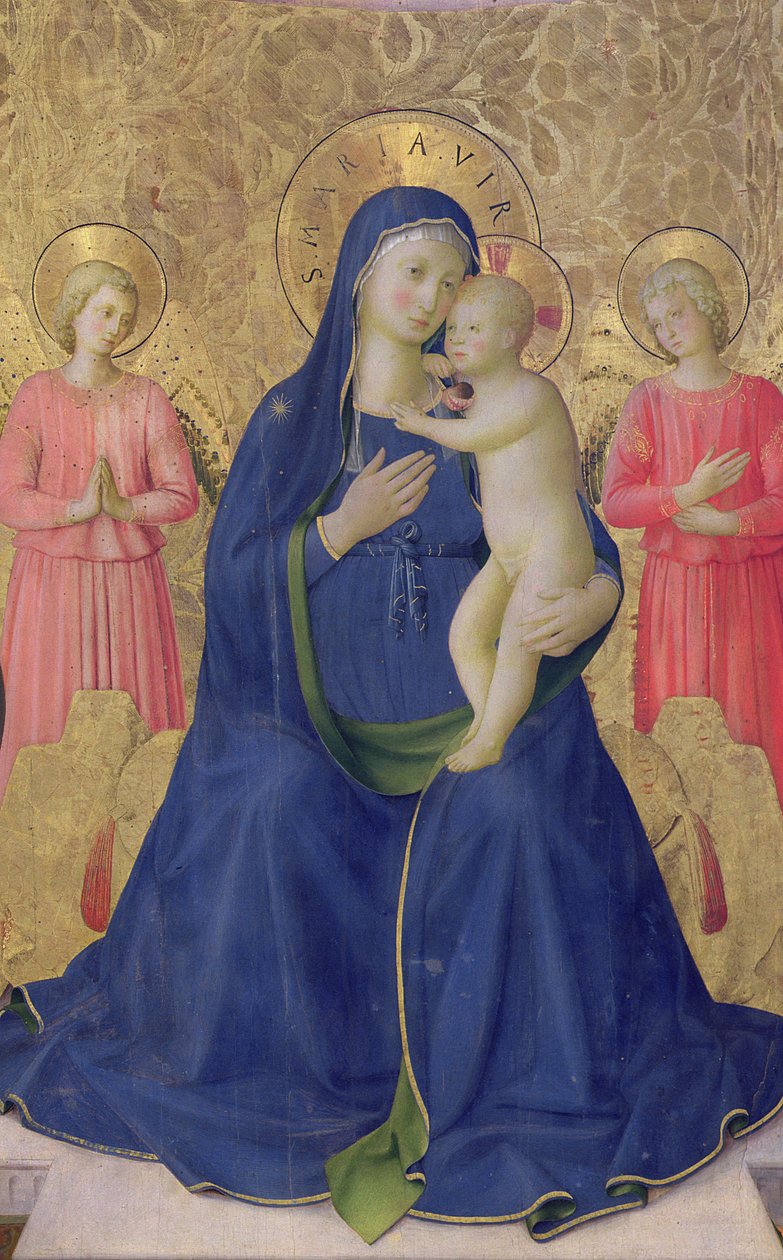 Bosco ai Frati-altertavlen: Jomfruen og barnet tronet med to engler, 1452 tempera på paneldetalj av 43968 av Fra Angelico